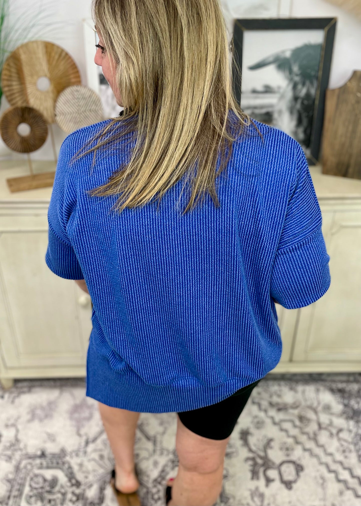Royal Blue - Short Sleeve Oversized Ribbed Knit Top