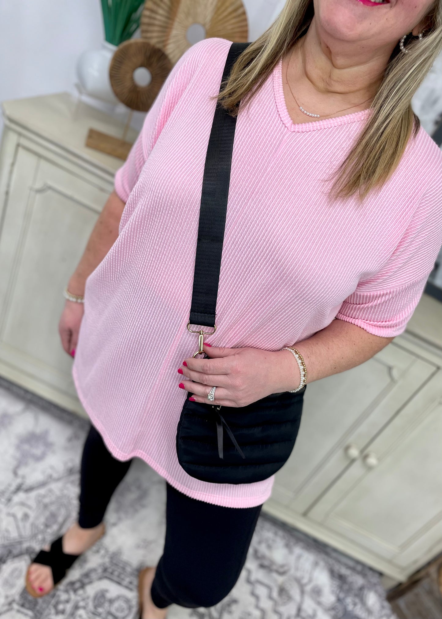 Light Pink - V Neck Oversized Ribbed Knit Top