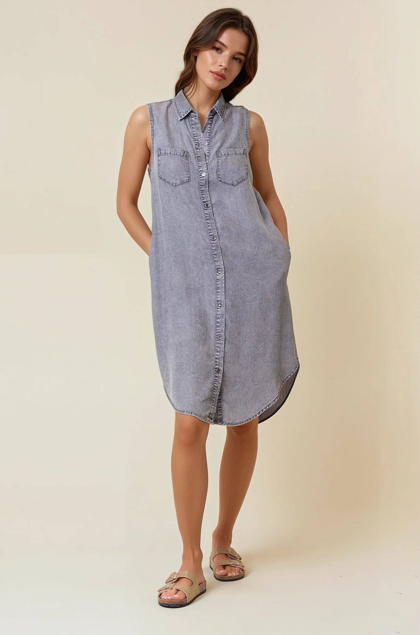 SLEEVELESS TENCEL DENIM SHIRT DRESS