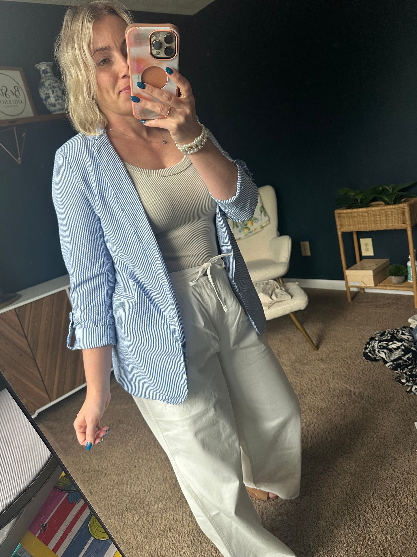 Seersucker Stripe Open Front Blazer: Blue White