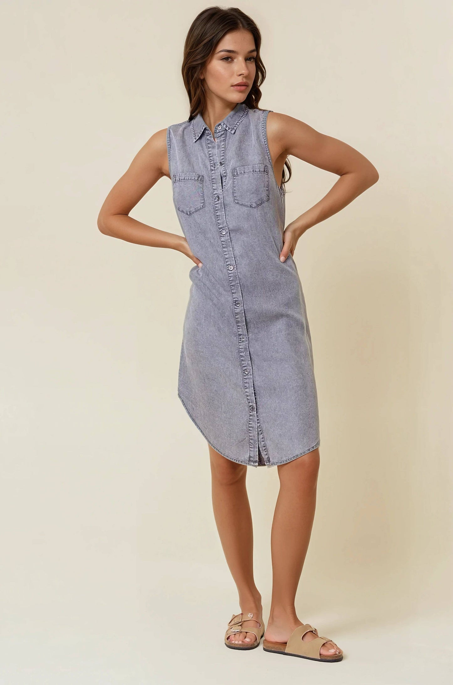 SLEEVELESS TENCEL DENIM SHIRT DRESS