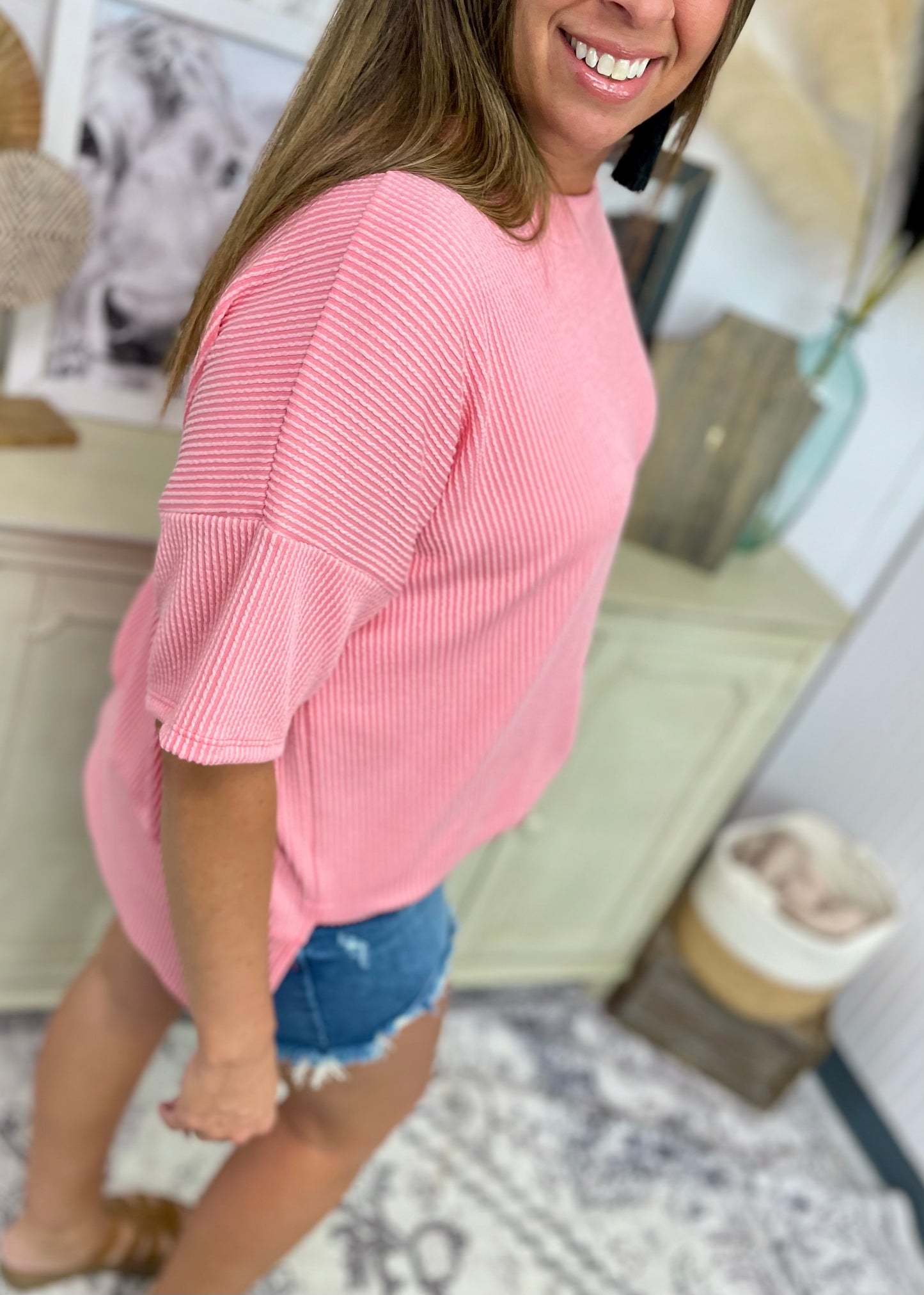 Salmon - Short Sleeve Oversized Ribbed Knit Top