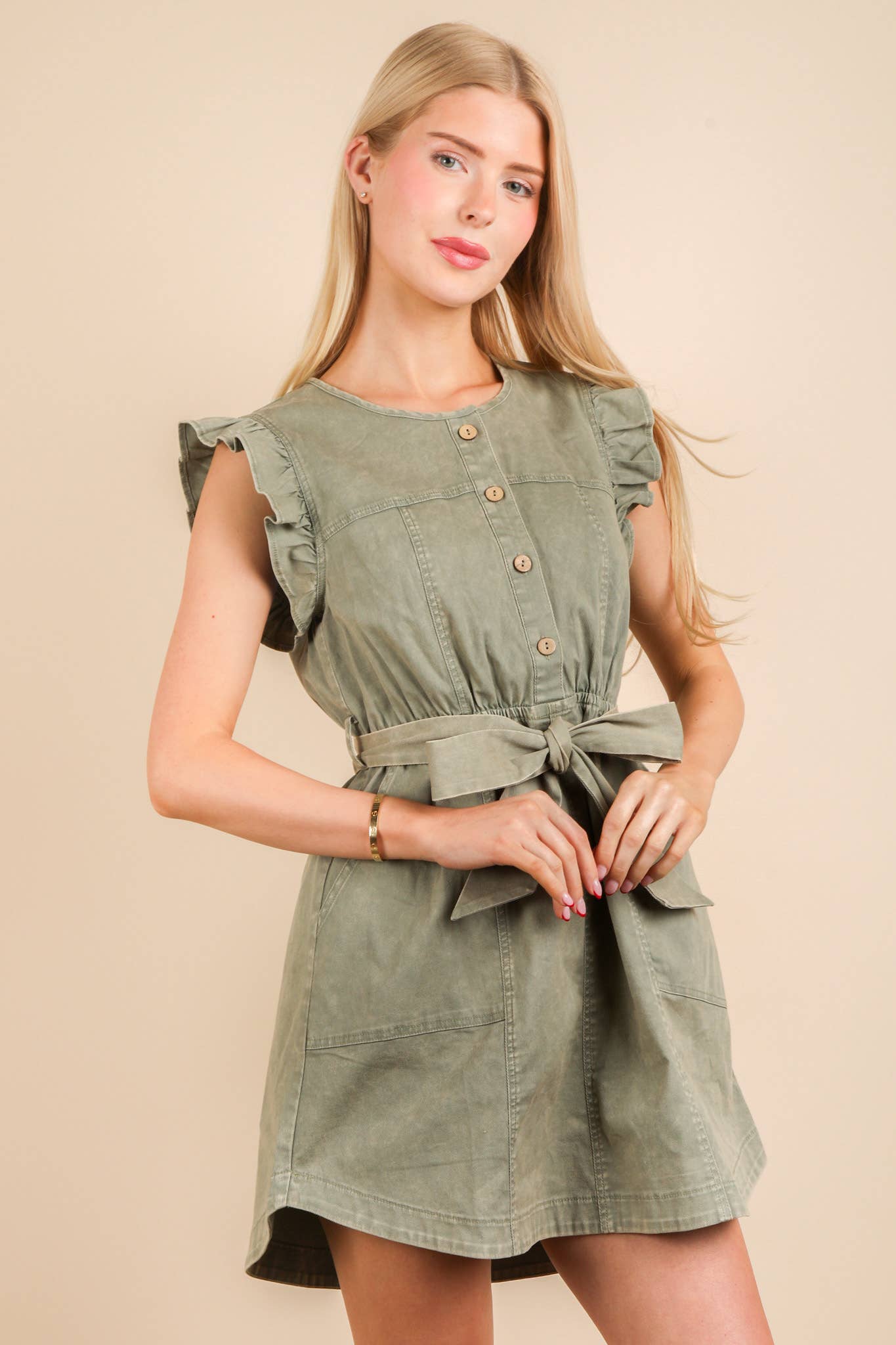 Washed Chambray Ruffle Detail Mini Dress: INDIGO