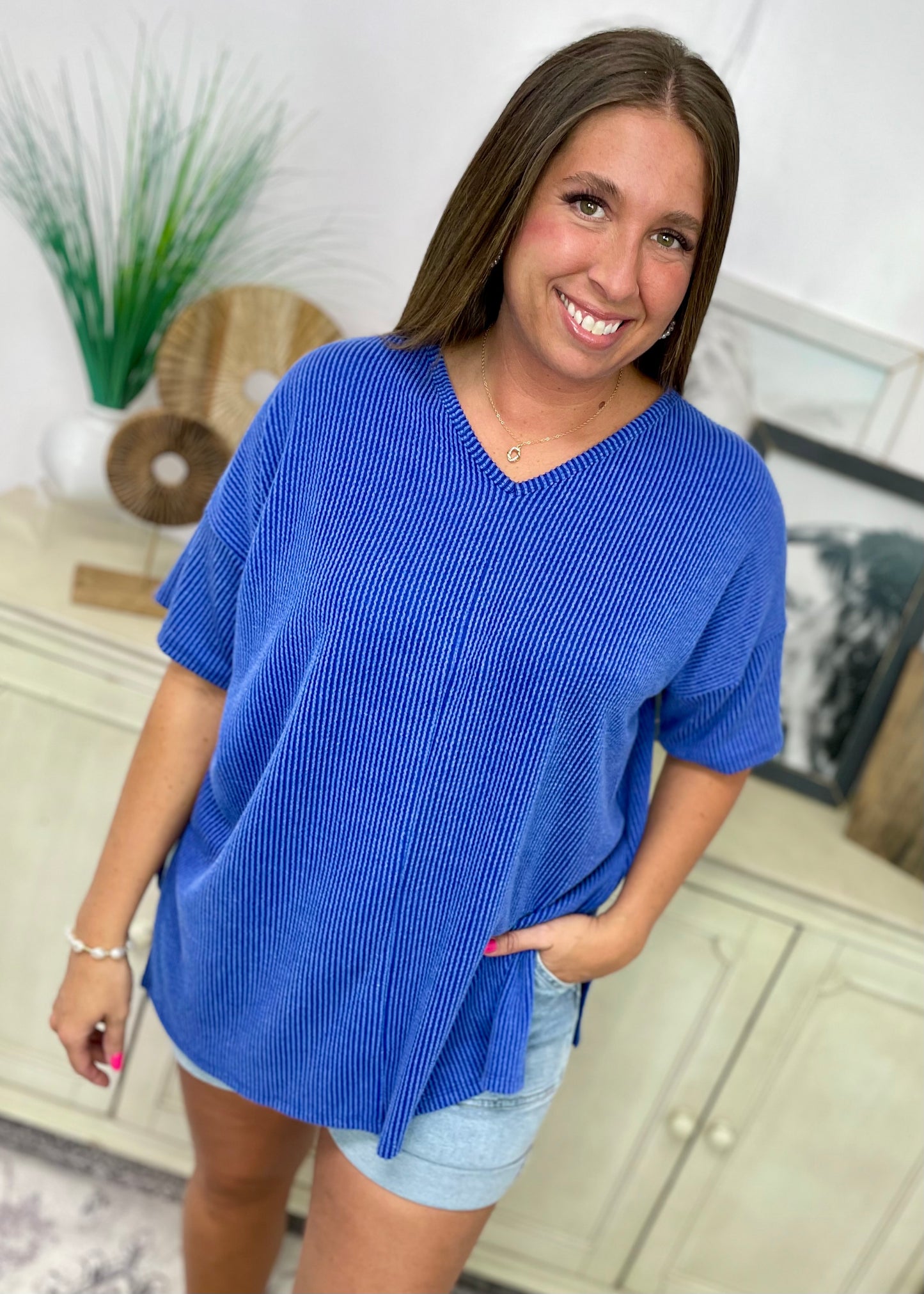 Royal Blue - V Neck Oversized Ribbed Knit Top