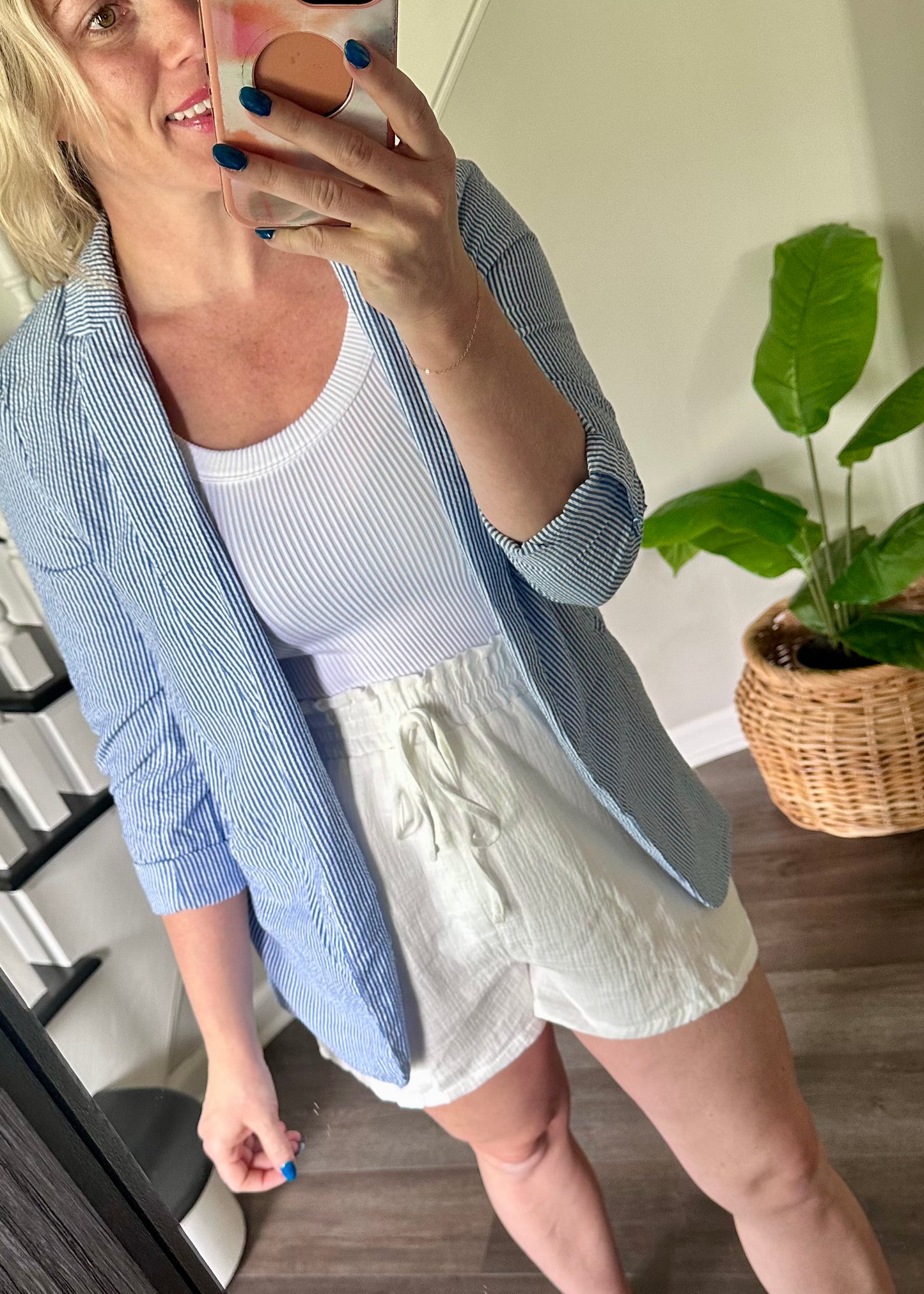 Seersucker Stripe Open Front Blazer: Blue White