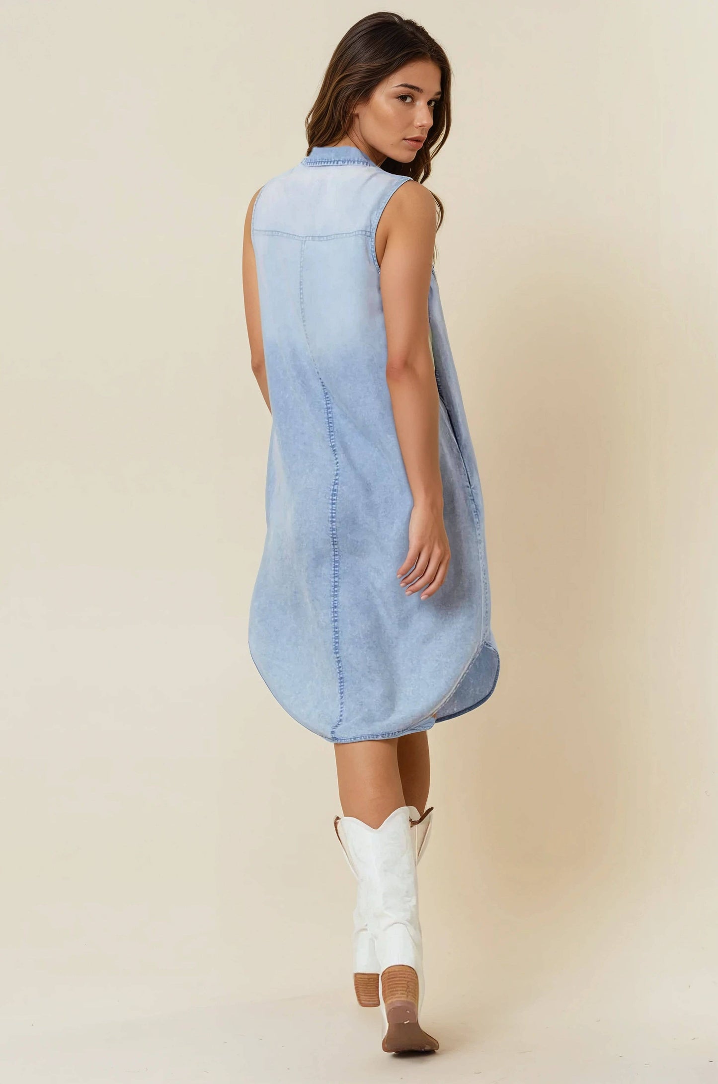 SLEEVELESS TENCEL DENIM SHIRT DRESS