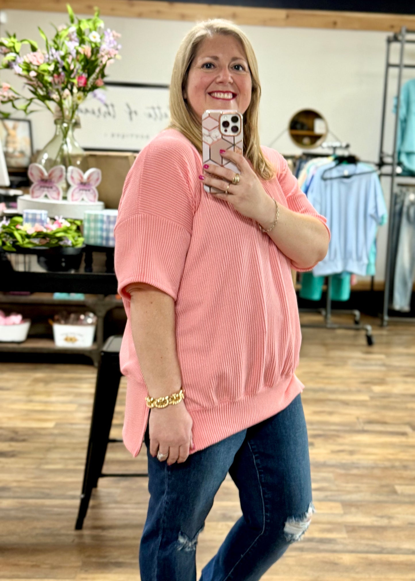 Salmon - Short Sleeve Oversized Ribbed Knit Top