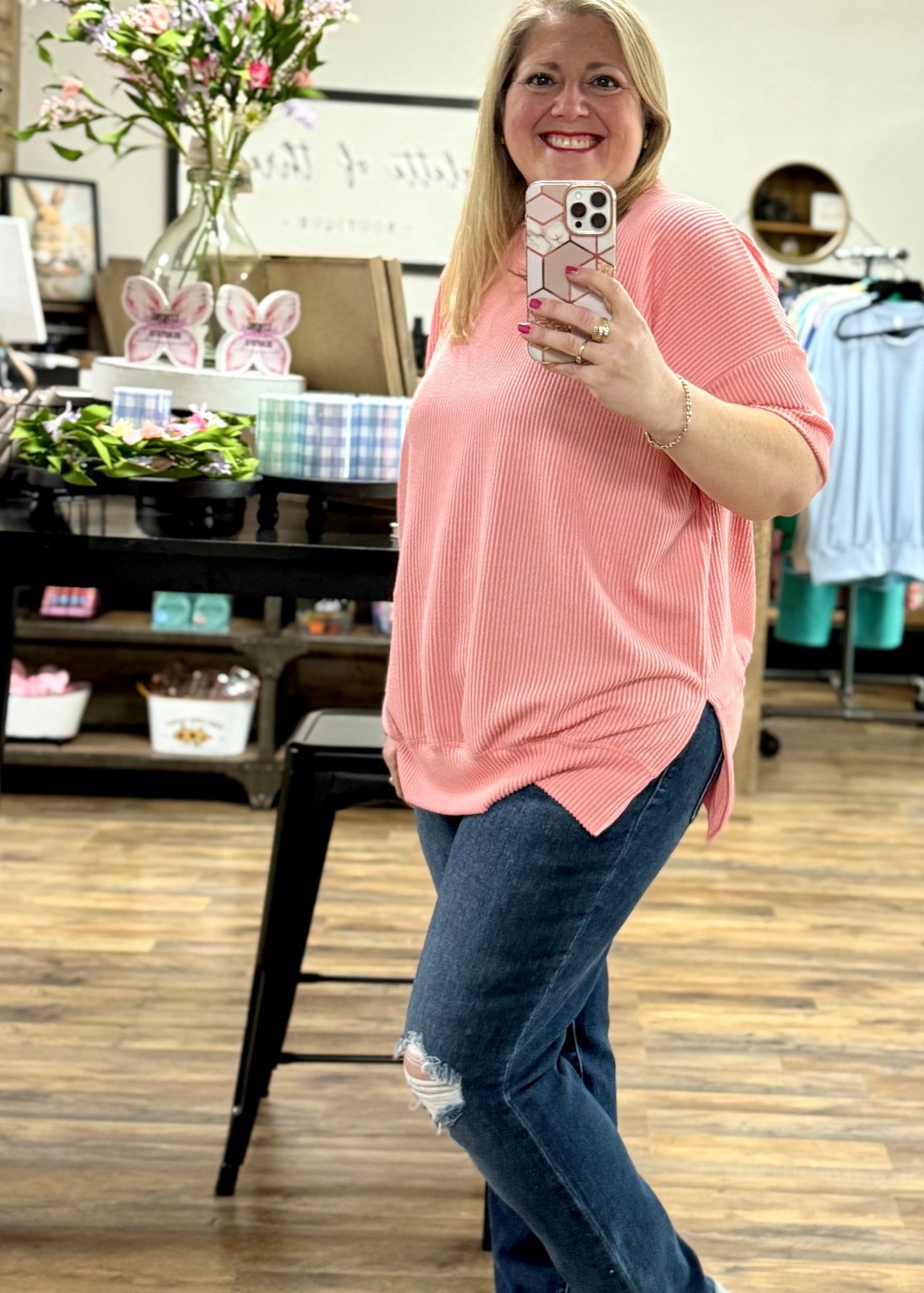 Salmon - Short Sleeve Oversized Ribbed Knit Top