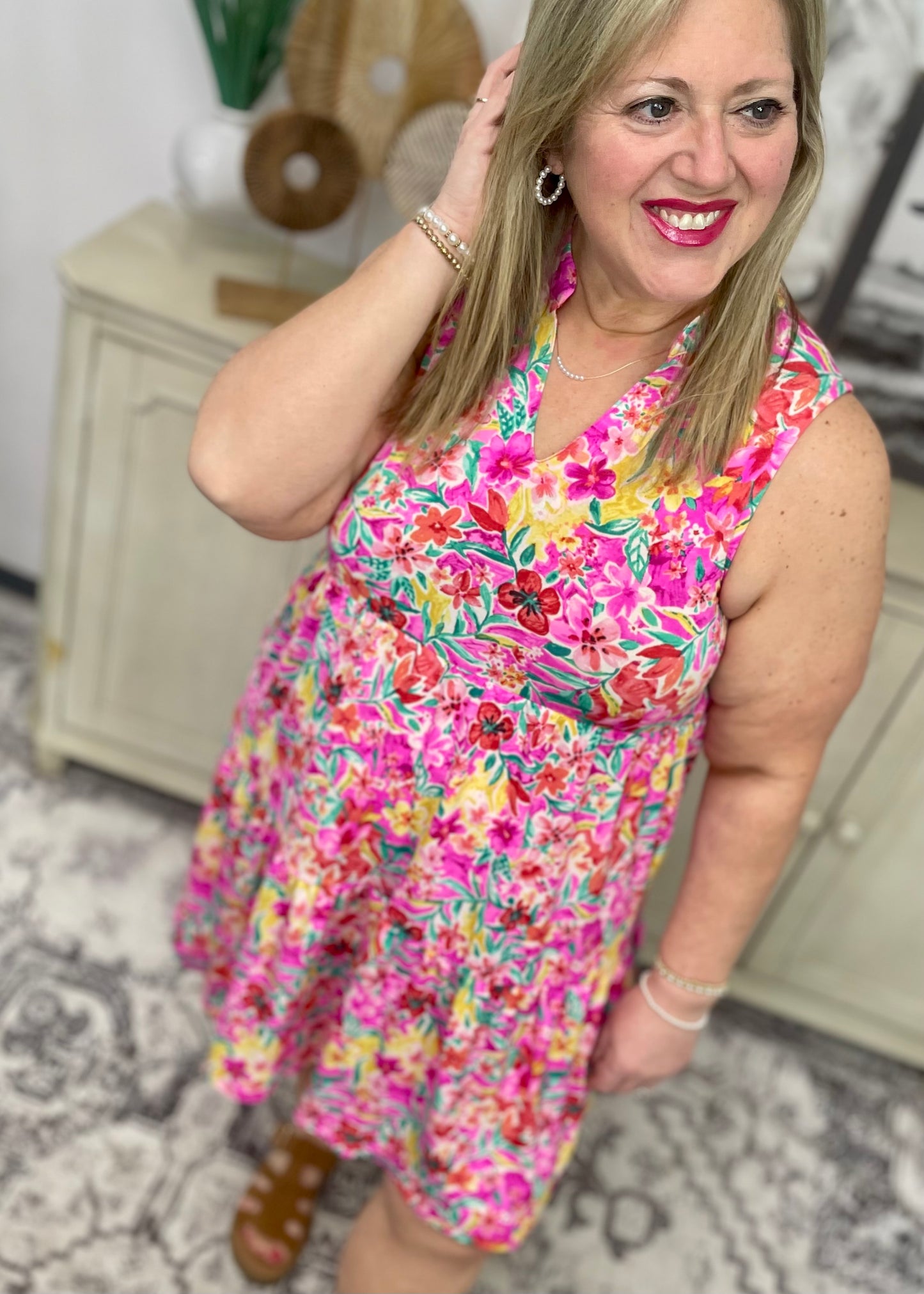 Hot Pink Floral Tiered Dress