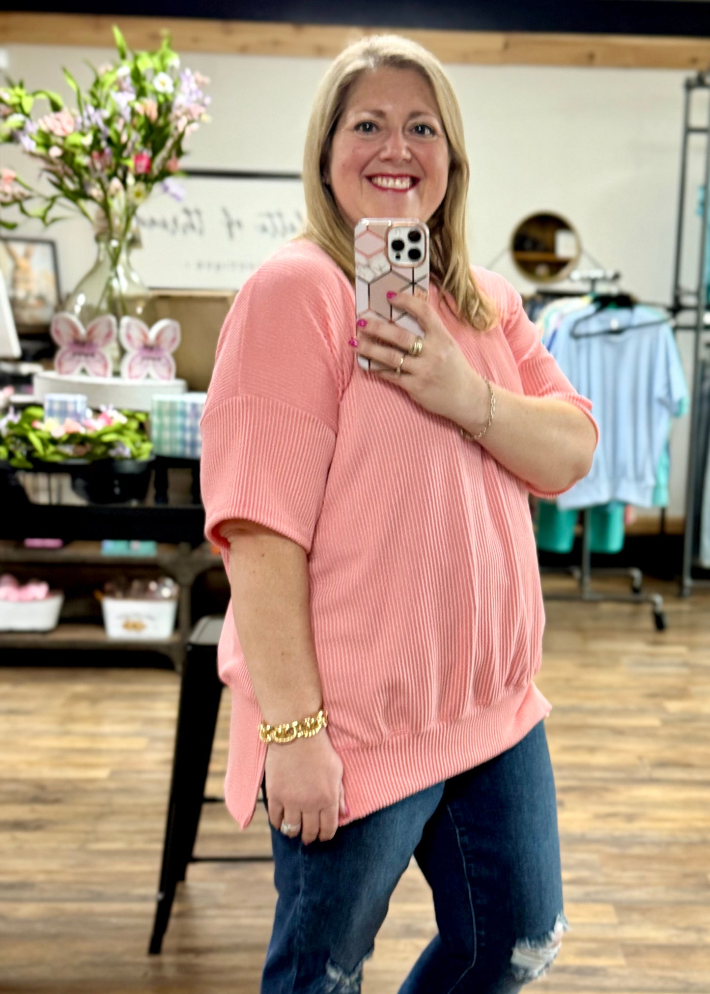 Salmon - Short Sleeve Oversized Ribbed Knit Top