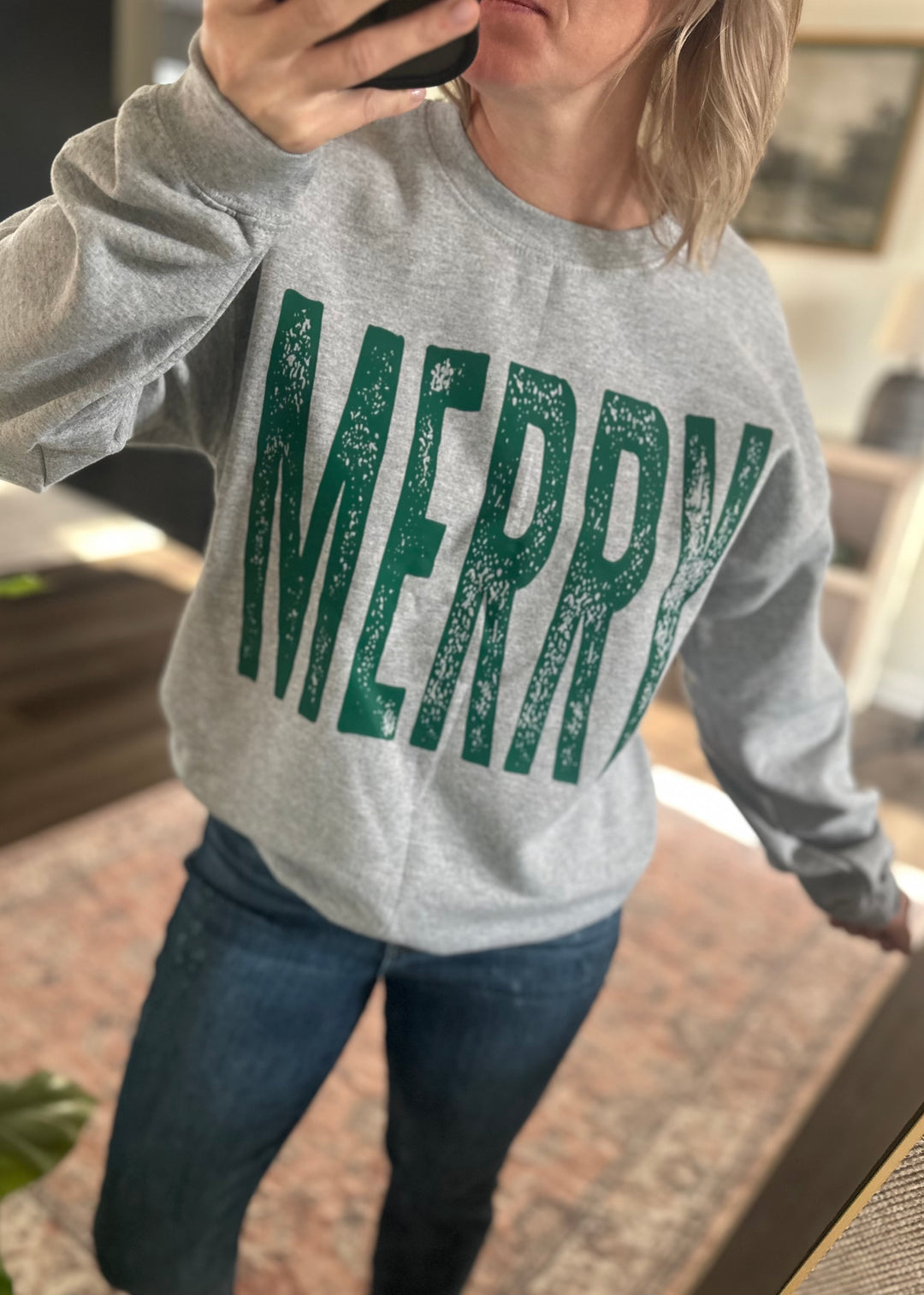 DISTRESSED MERRY TEE OR SWEATSHIRT