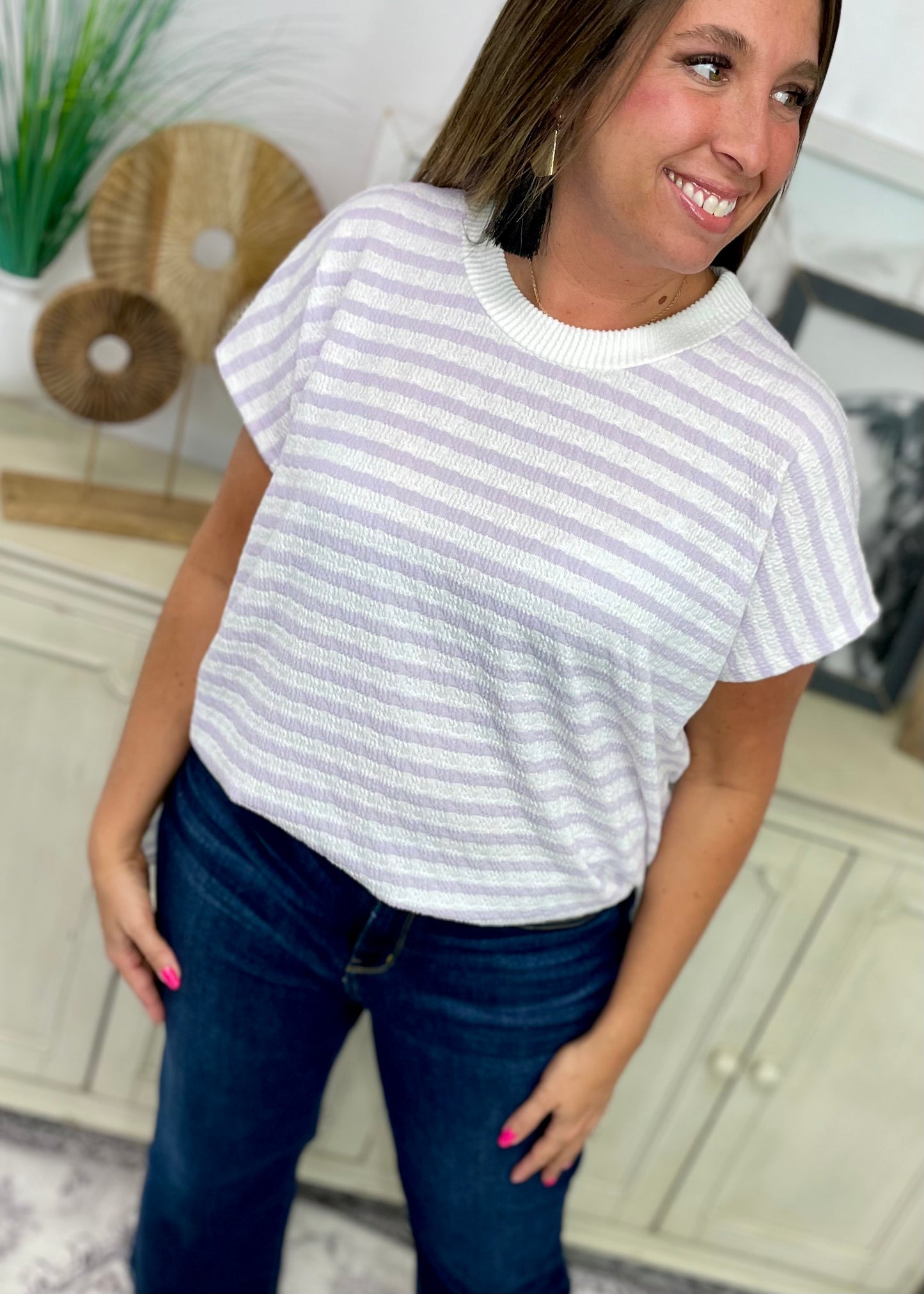 Lavender - Bubble Cap Sleeve Striped Tunic