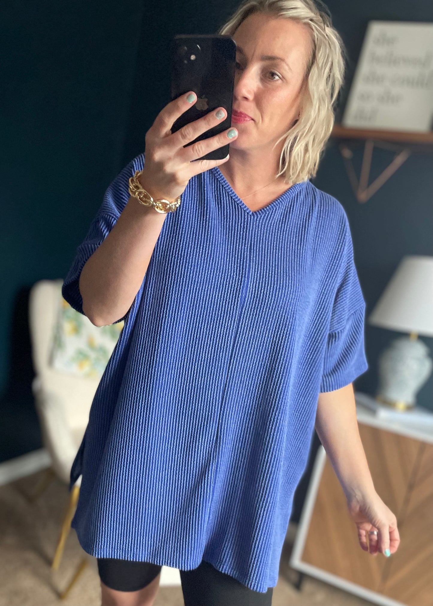 Royal Blue - V Neck Oversized Ribbed Knit Top