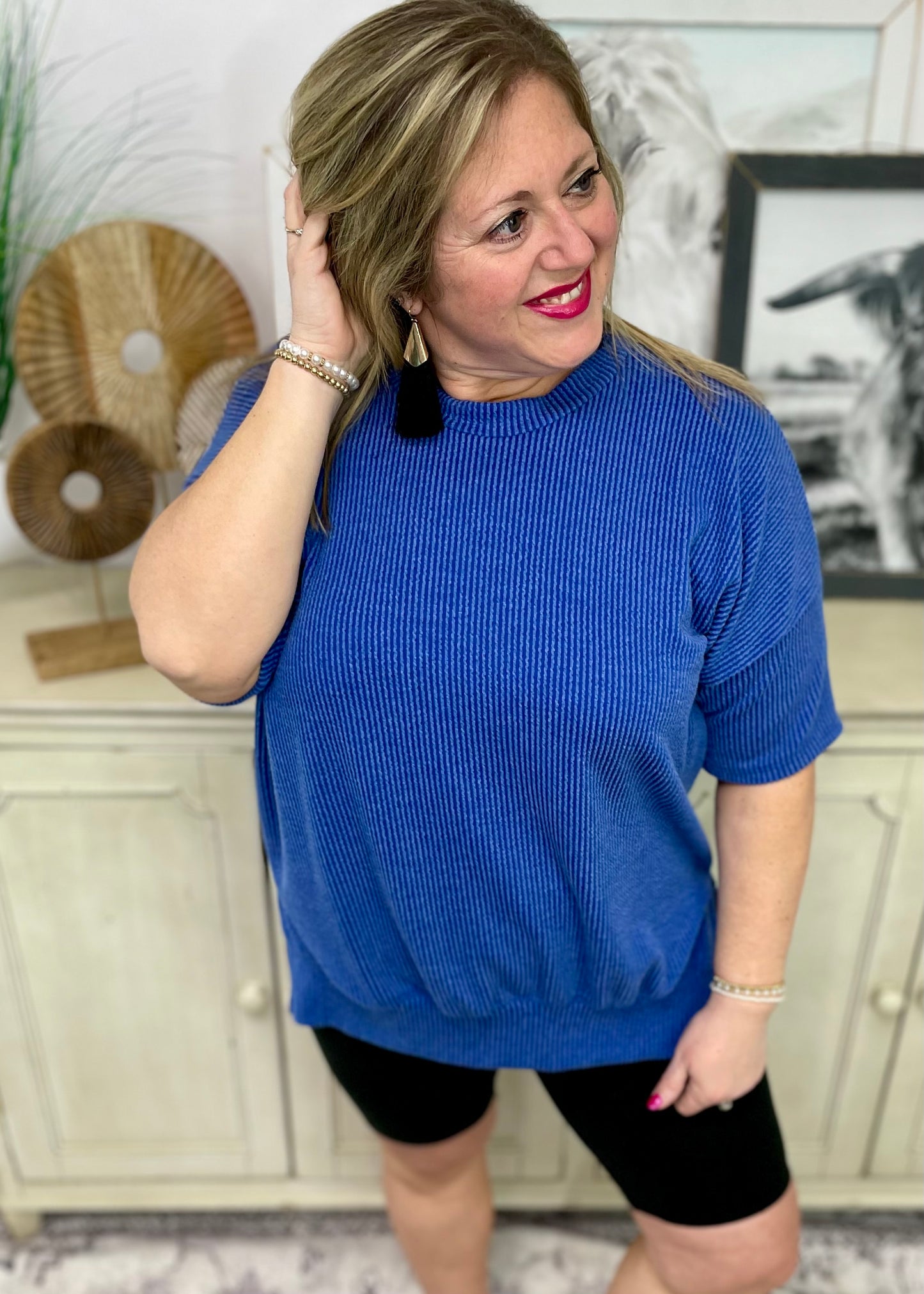 Royal Blue - Short Sleeve Oversized Ribbed Knit Top