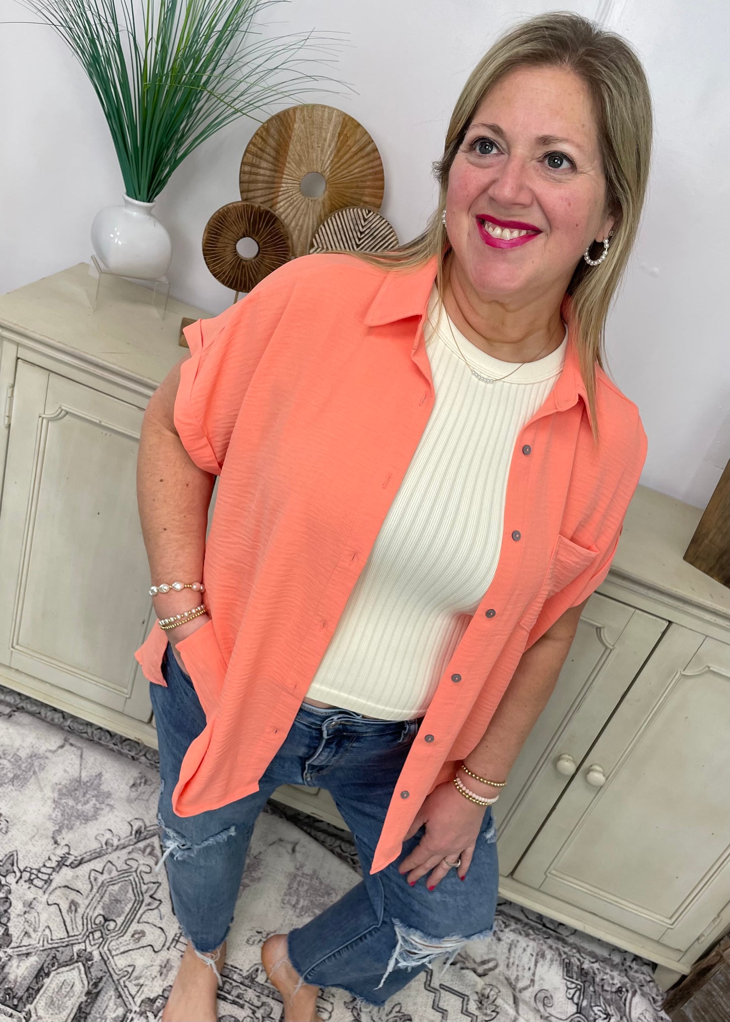 Coral Sunlit Breeze Button Down Top