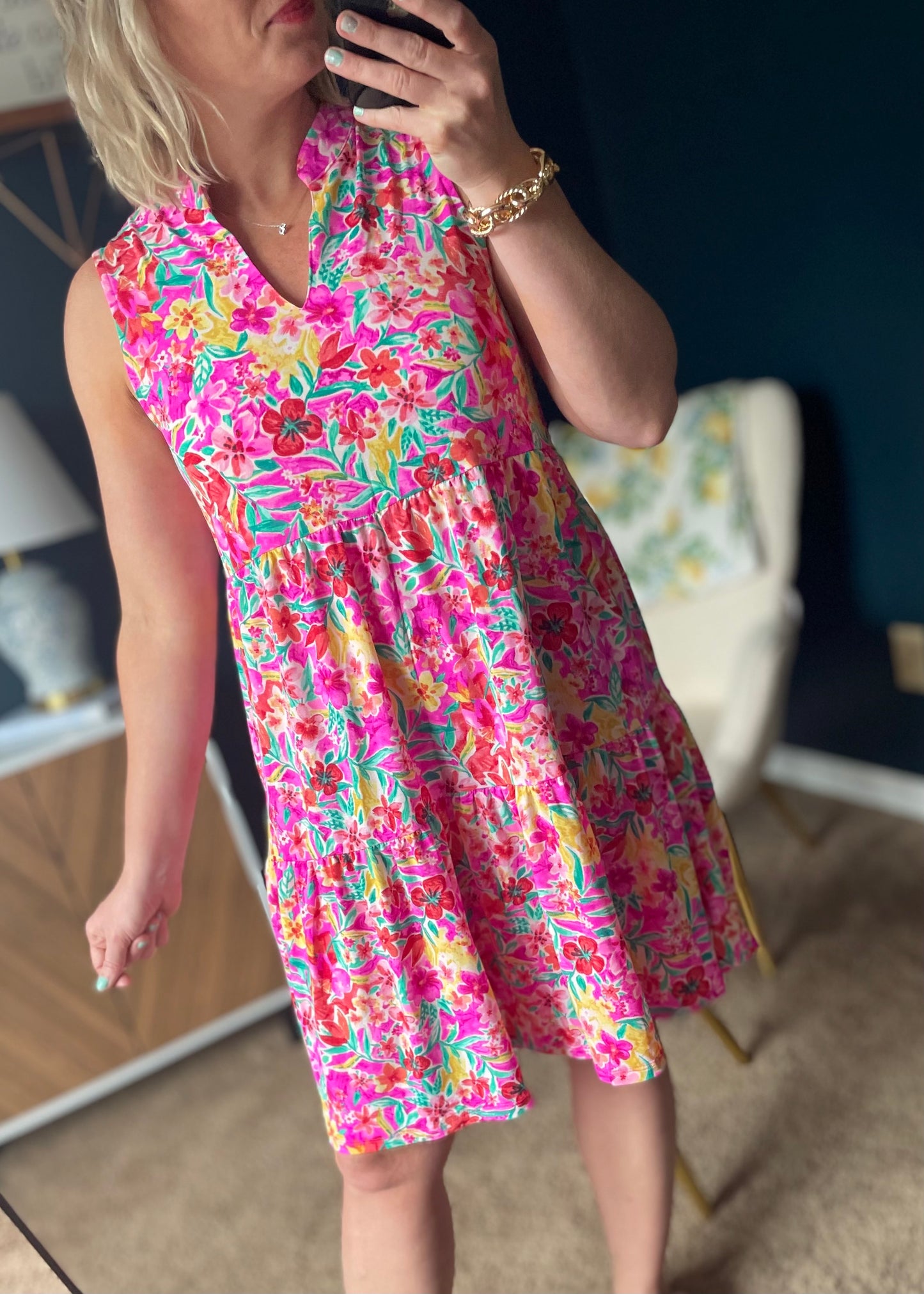 Hot Pink Floral Tiered Dress