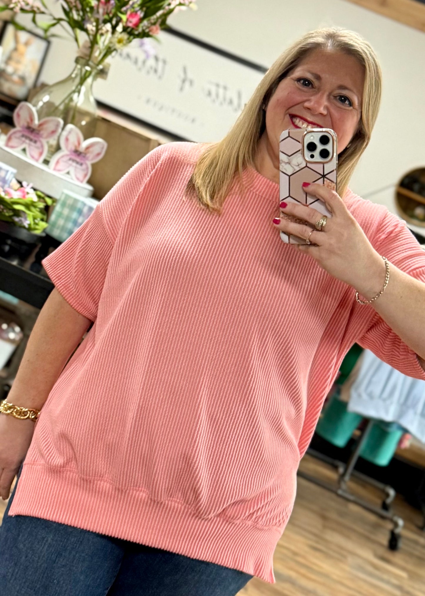 Salmon - Short Sleeve Oversized Ribbed Knit Top