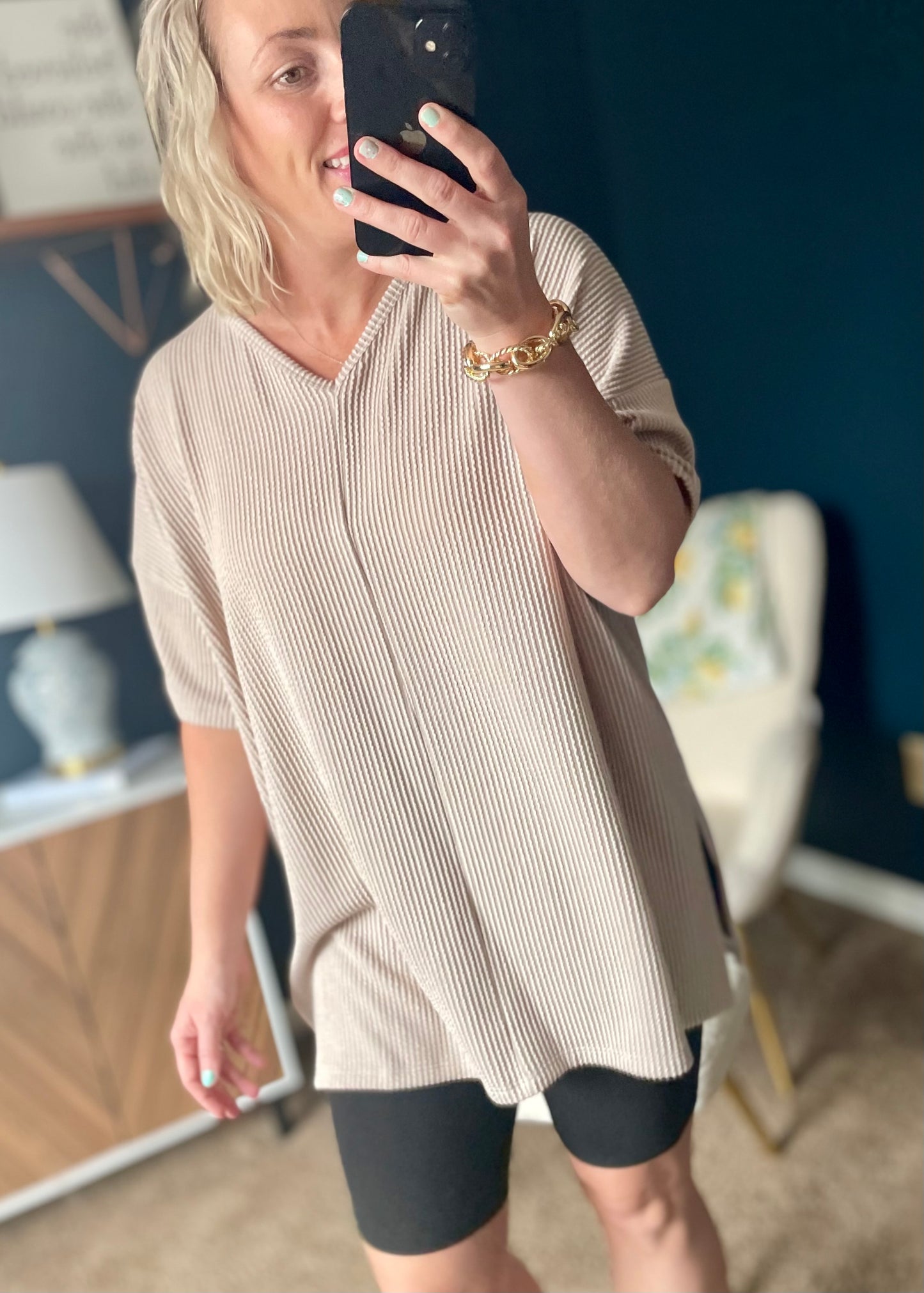 Sand - V Neck Oversized Ribbed Knit Top