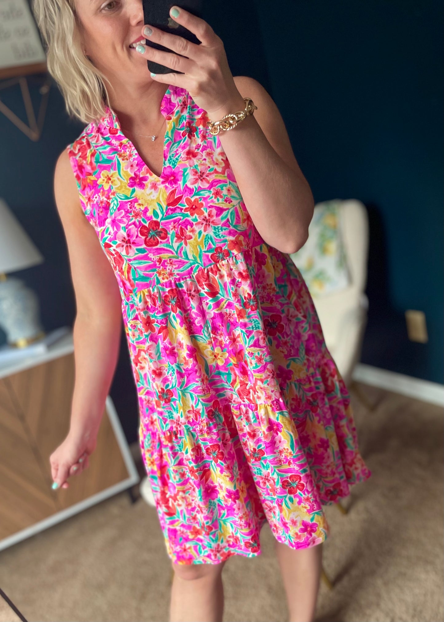 Hot Pink Floral Tiered Dress