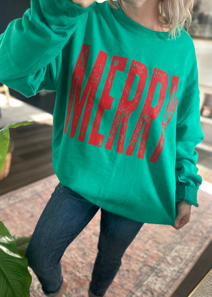 DISTRESSED MERRY TEE OR SWEATSHIRT