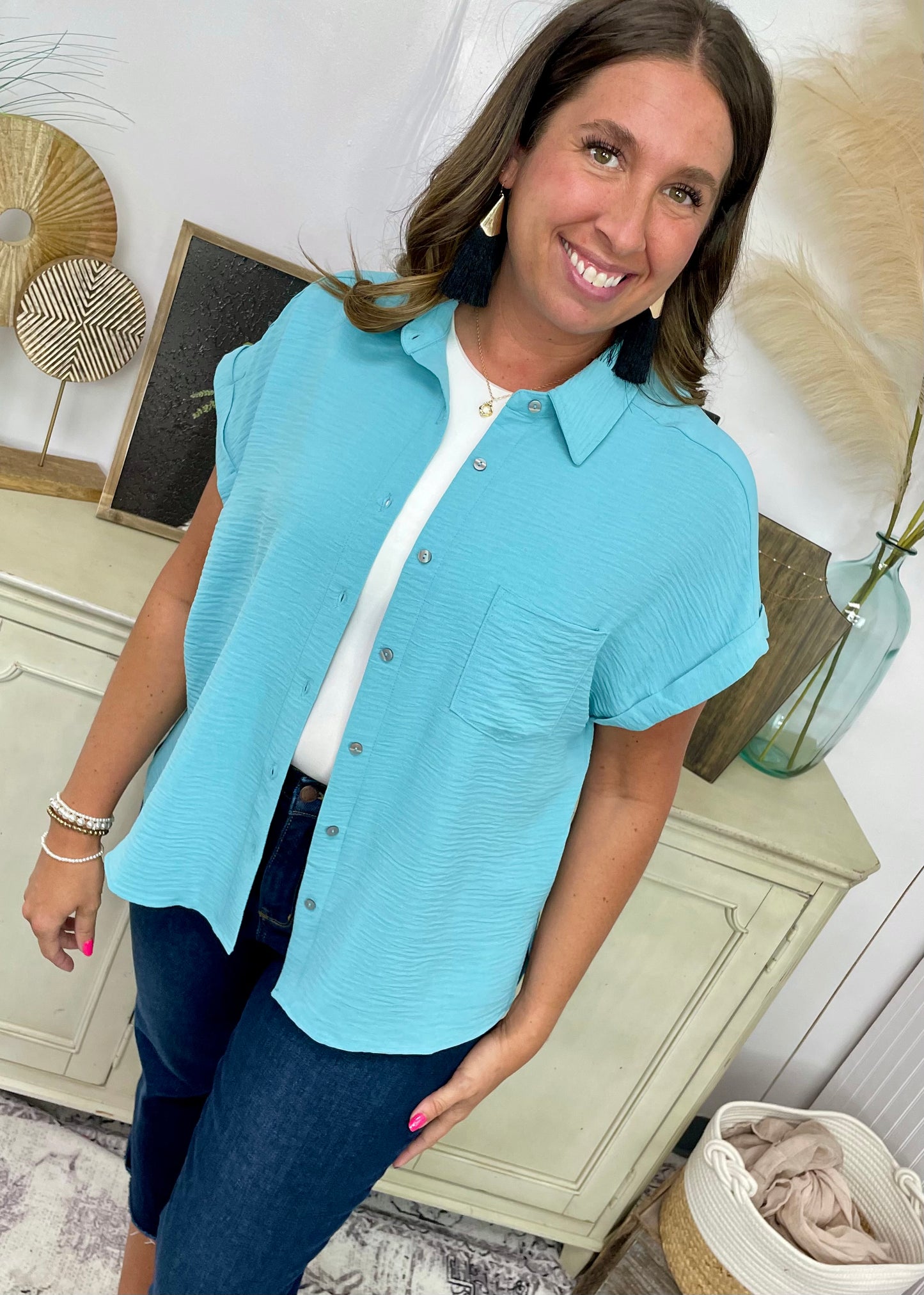 Teal Sunlit Breeze Button Down Top