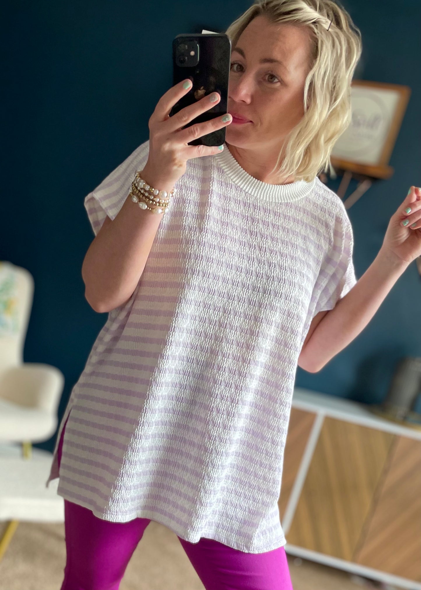 Lavender - Bubble Cap Sleeve Striped Tunic