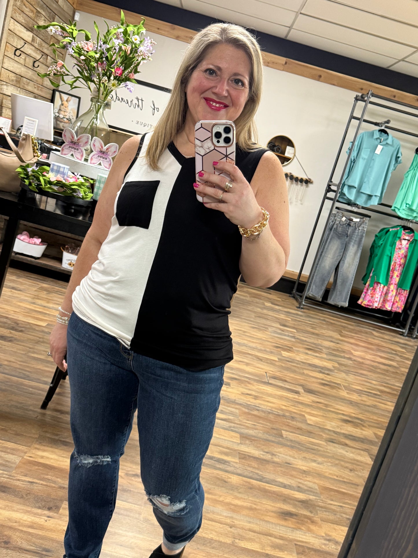 Ebony & Ivory V Neck Sleeveless Top