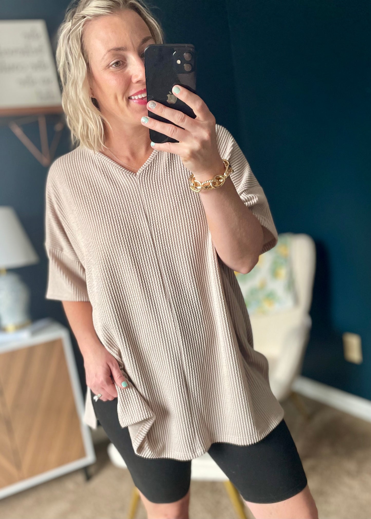 Sand - V Neck Oversized Ribbed Knit Top