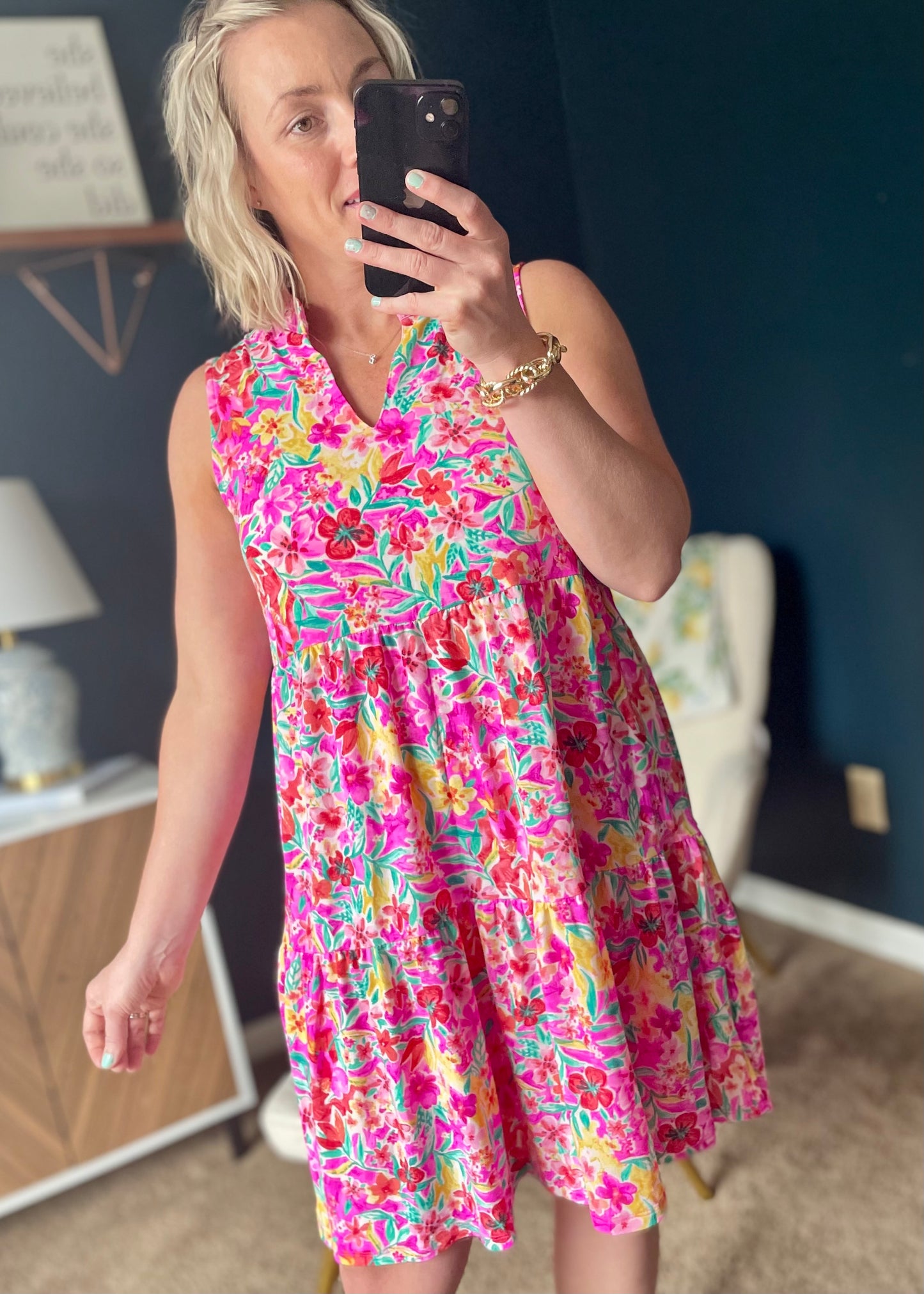 Hot Pink Floral Tiered Dress