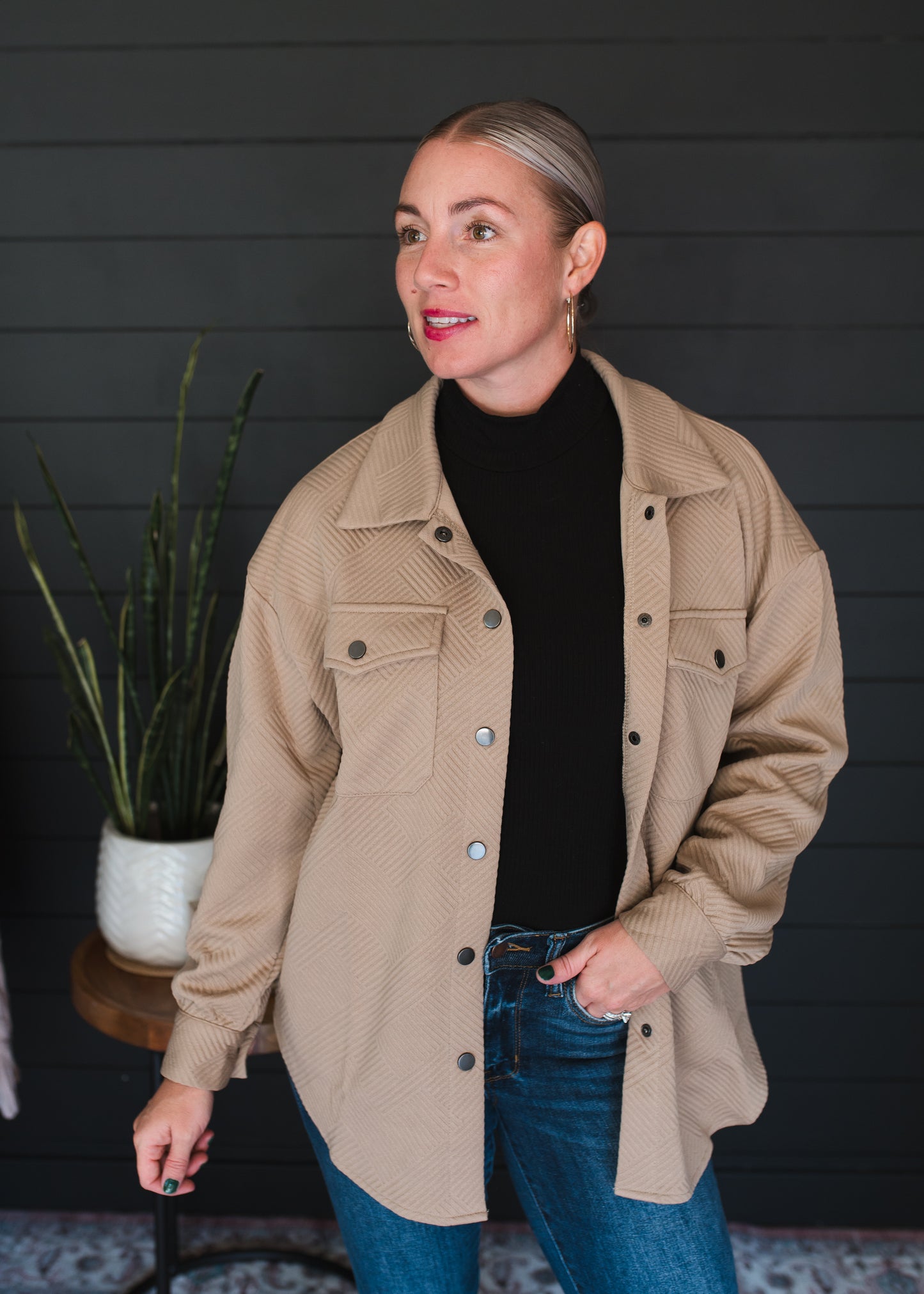 Lattice Texture Pockets Button Up Shacket - PREORDER