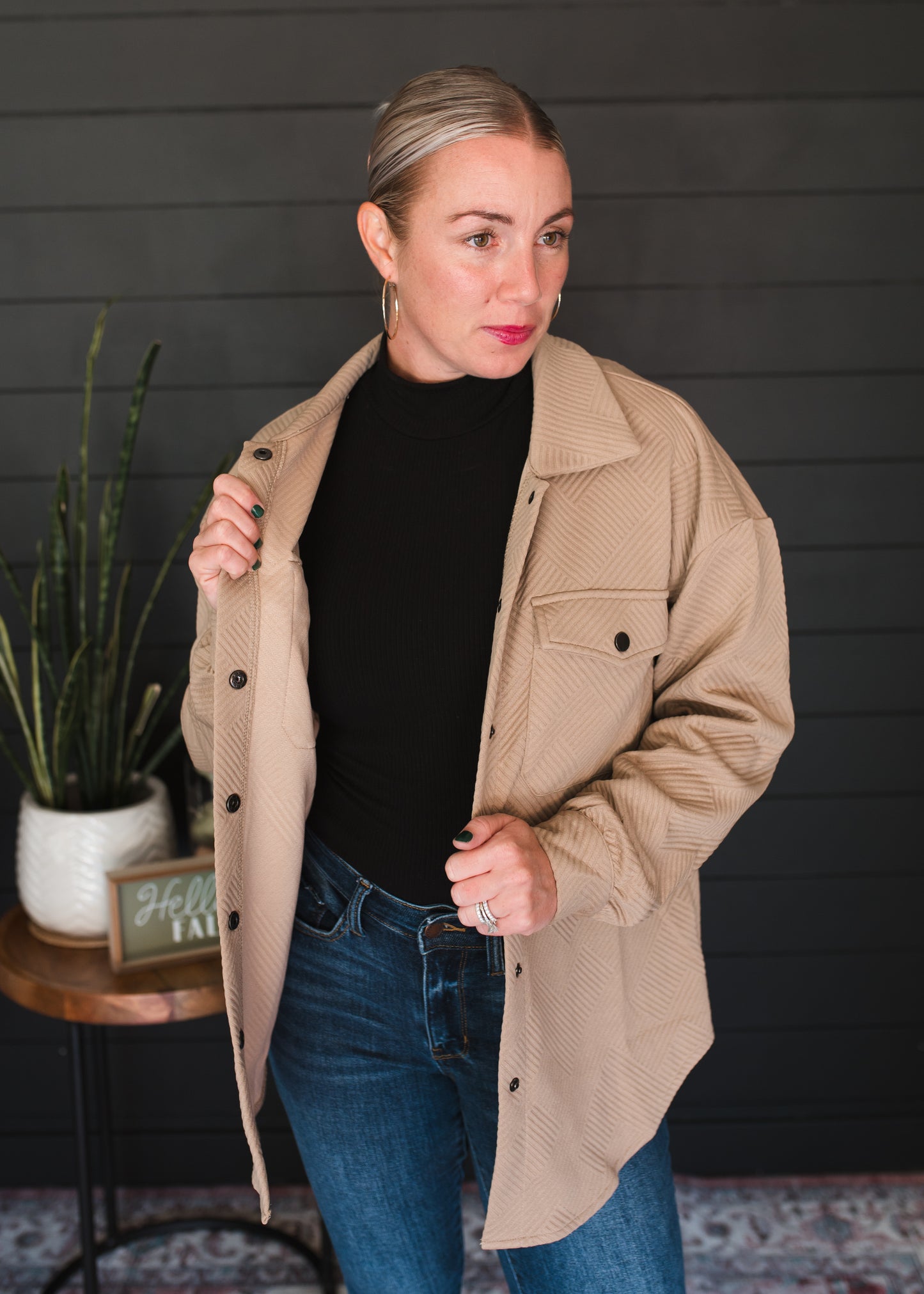 Lattice Texture Pockets Button Up Shacket - PREORDER