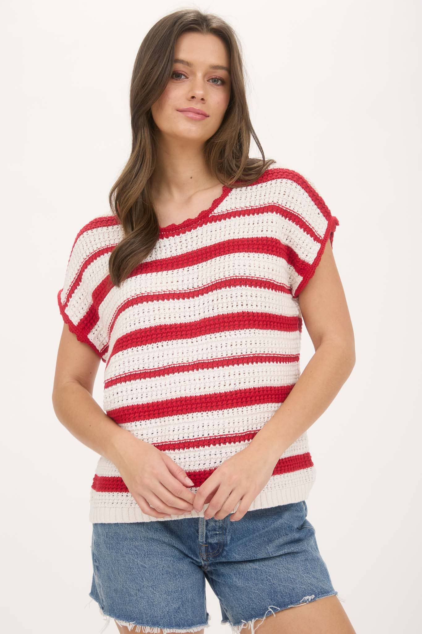 STRIPE SCALLOP TRIM SHORT SLEEVE CROCHET SWEATER