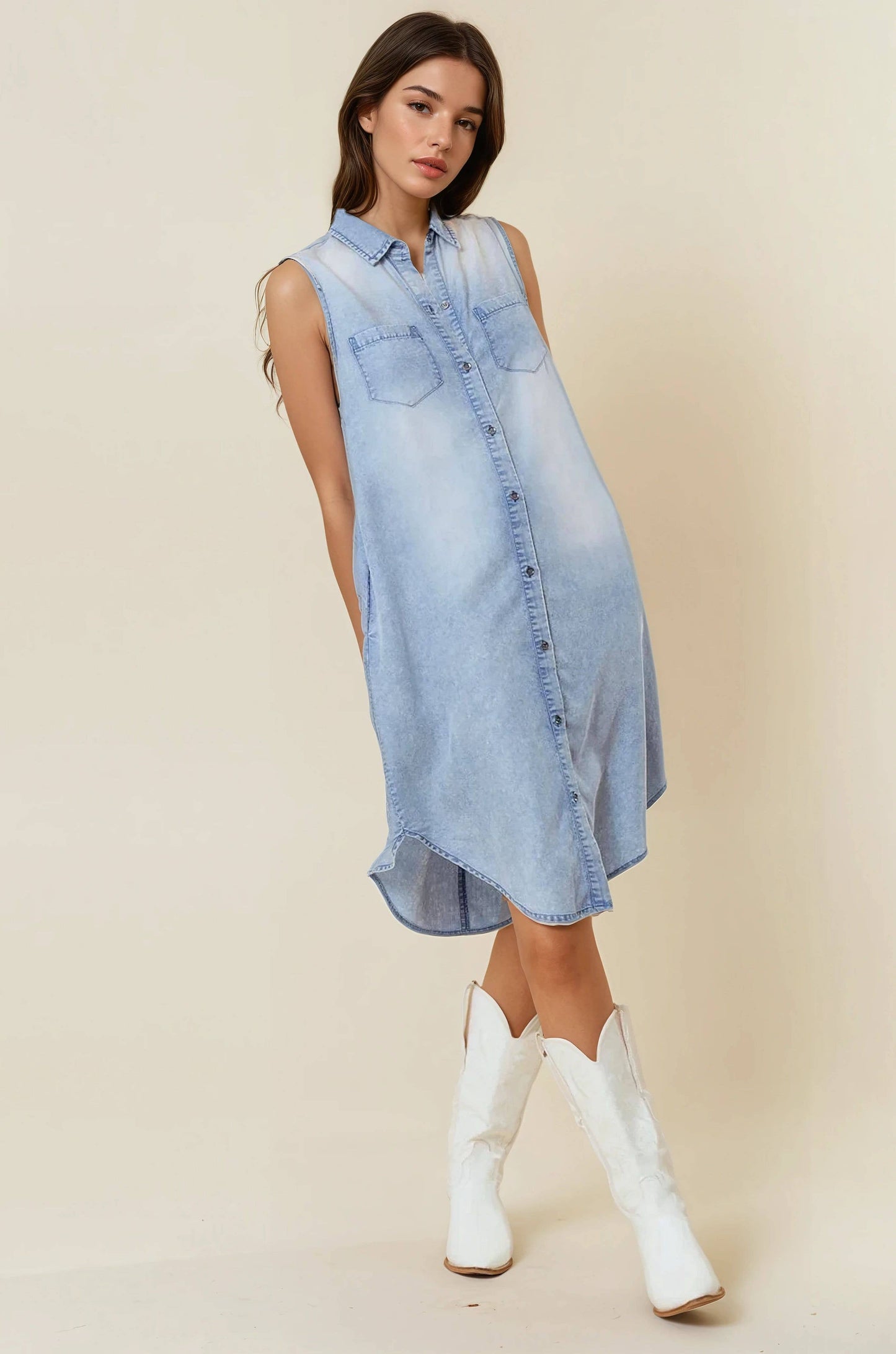 SLEEVELESS TENCEL DENIM SHIRT DRESS