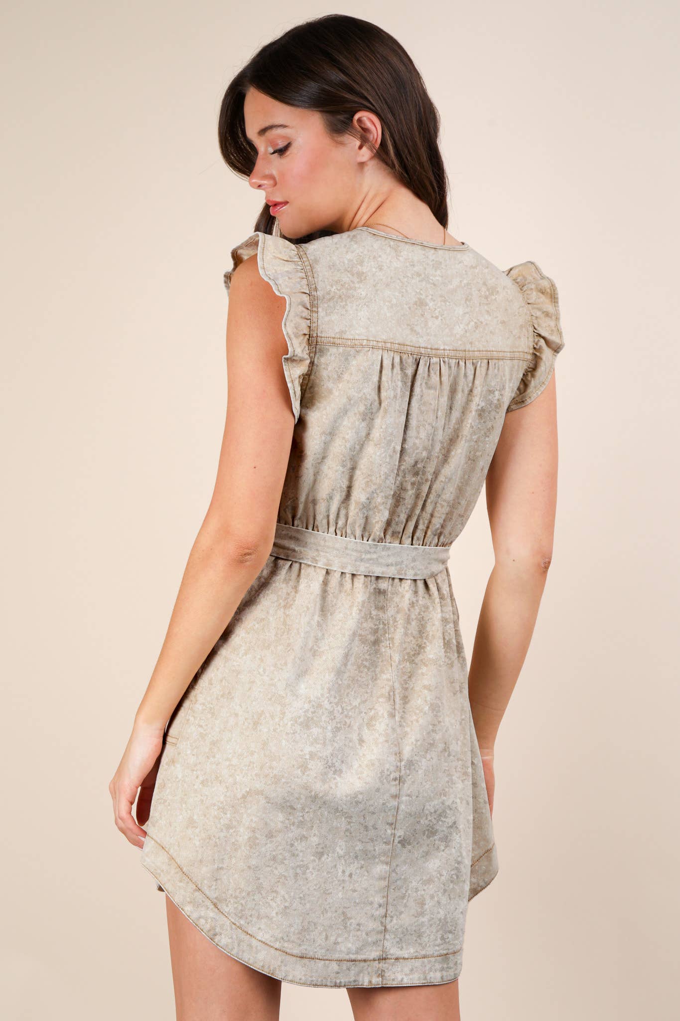 Washed Chambray Ruffle Detail Mini Dress: INDIGO