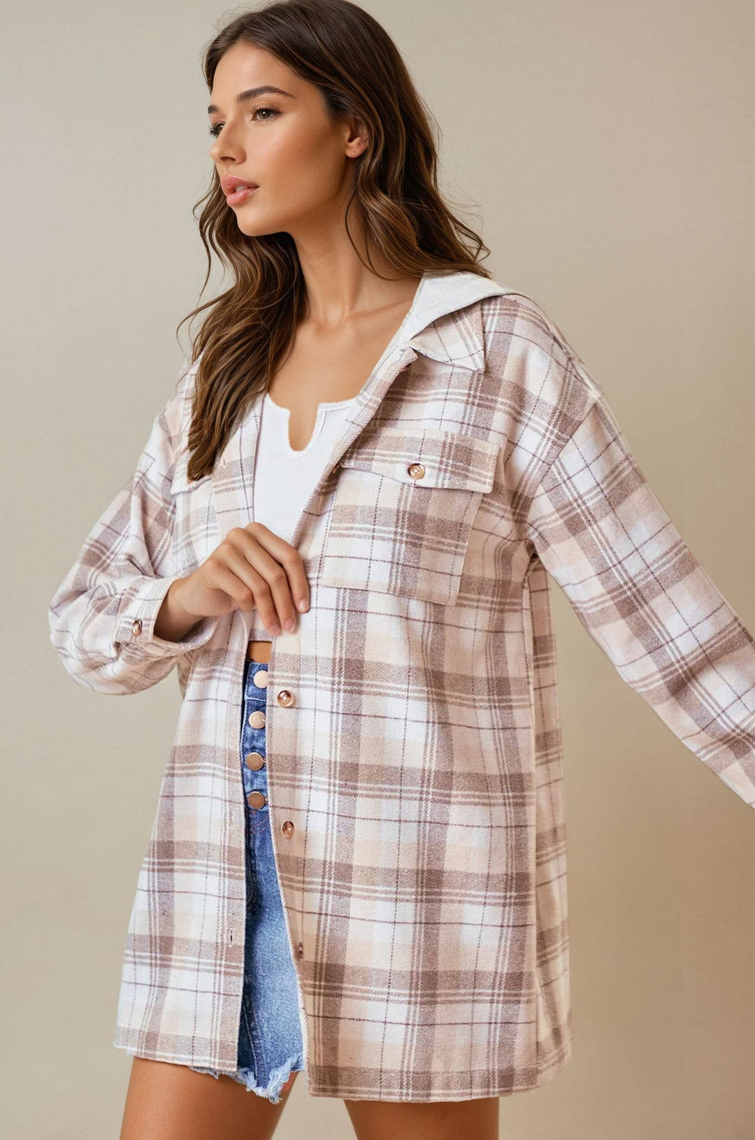 Beige Campfire Plaid Hooded Jacket