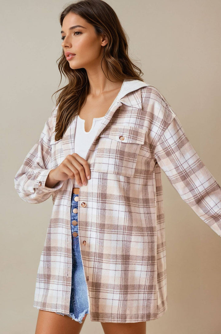 Beige Campfire Plaid Hooded Jacket
