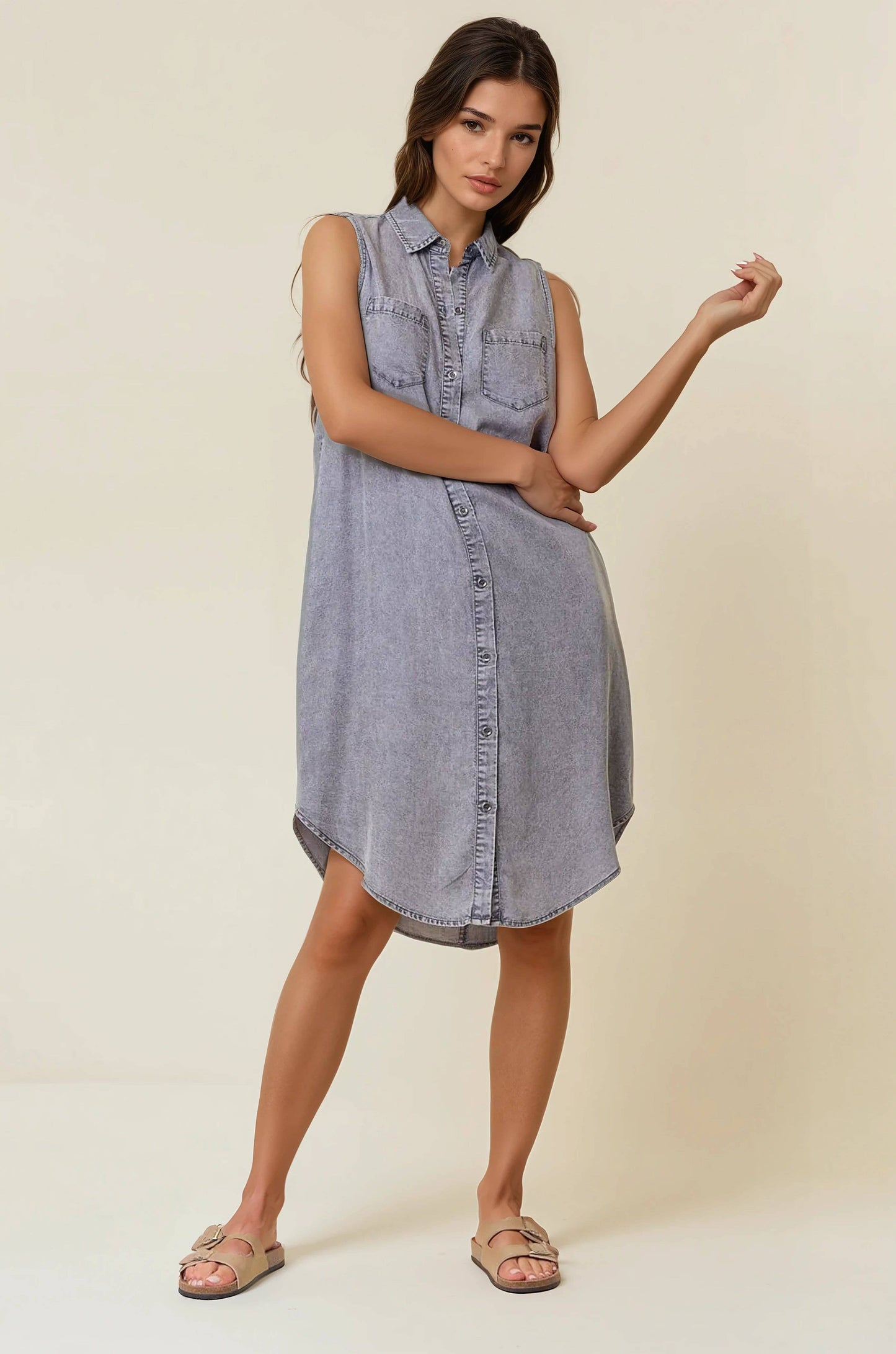 SLEEVELESS TENCEL DENIM SHIRT DRESS