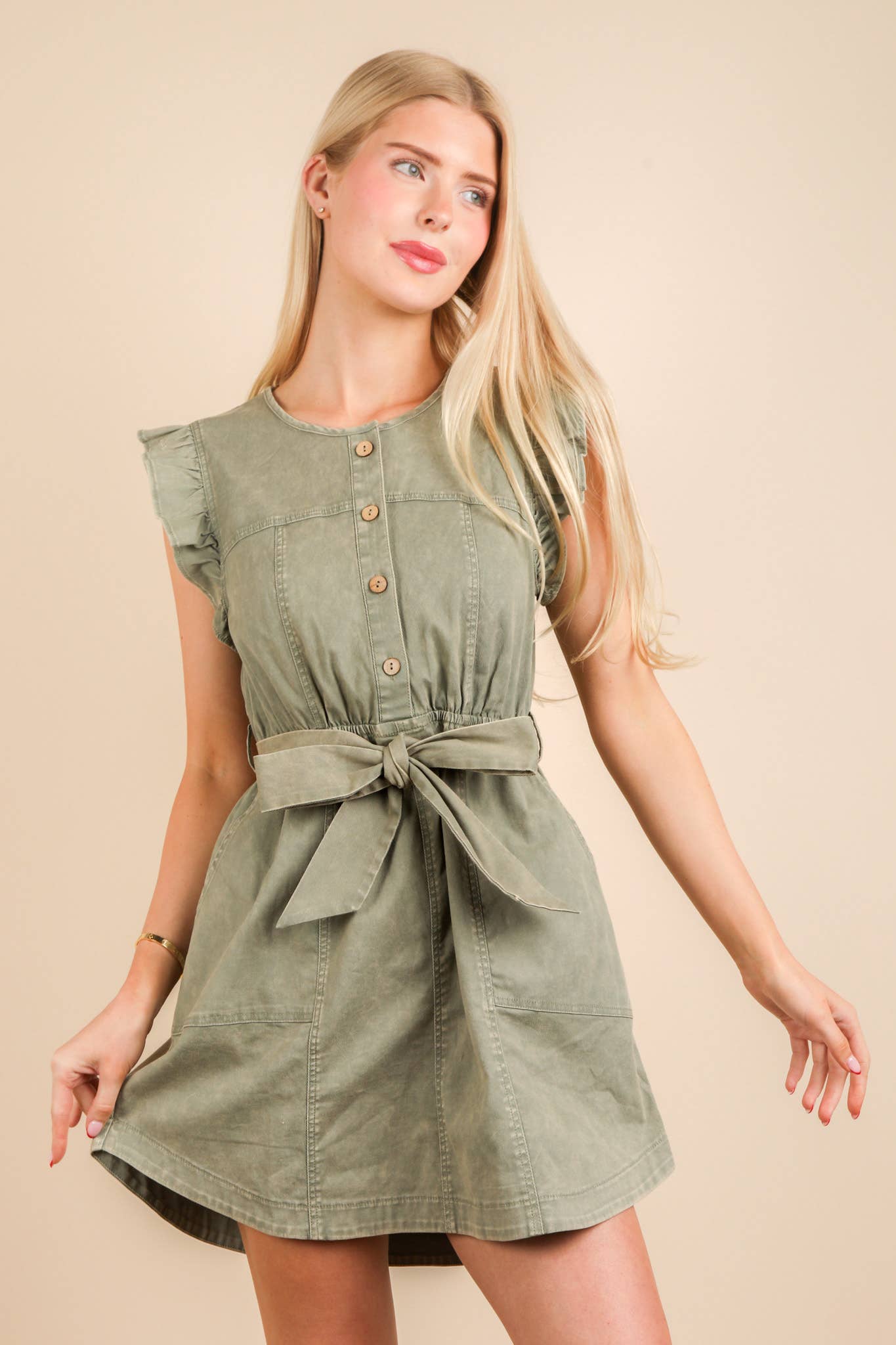 Washed Chambray Ruffle Detail Mini Dress: INDIGO