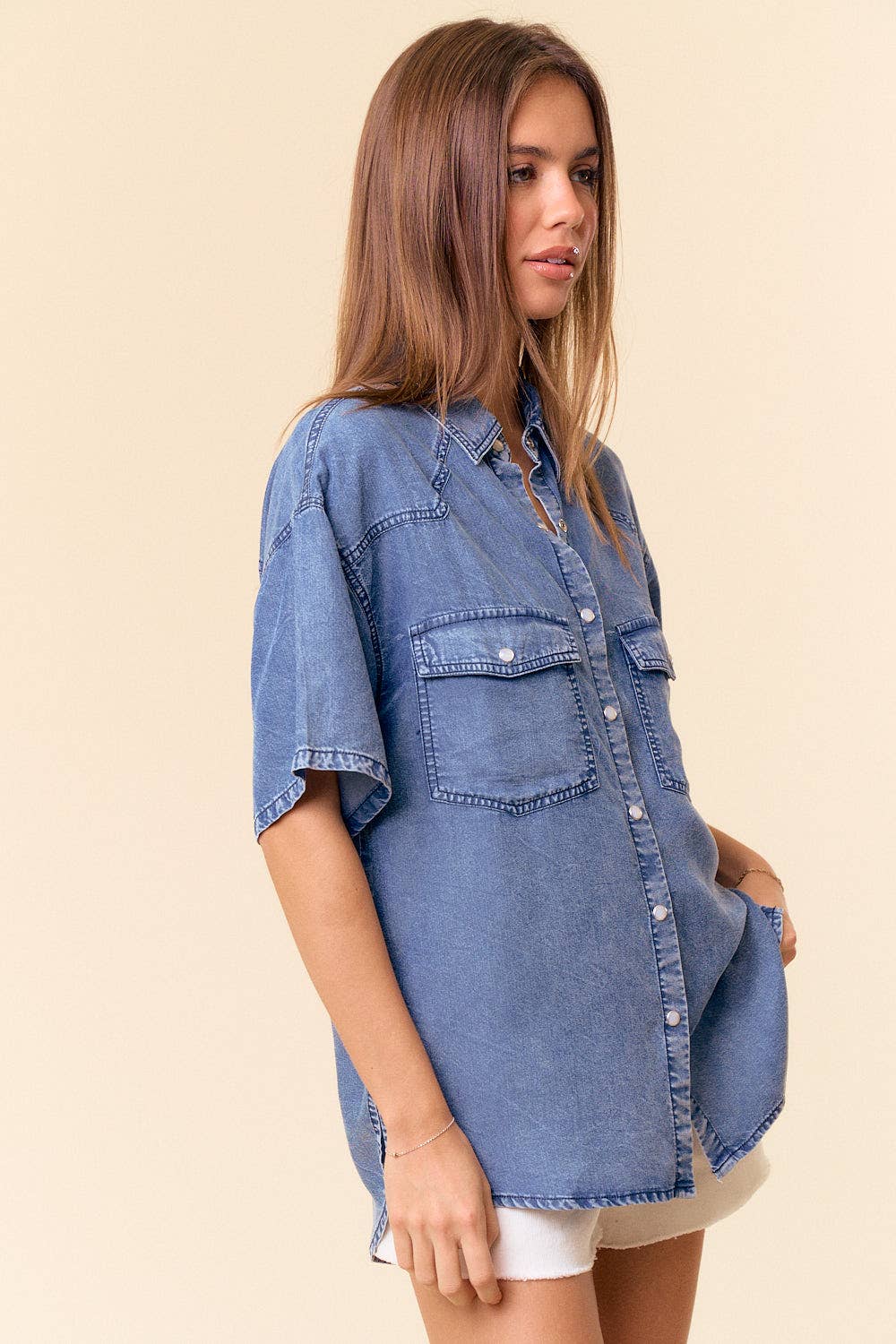 SHORT SLEEVE OVERSIZED DENIM BUTTON DOWN SHIRT