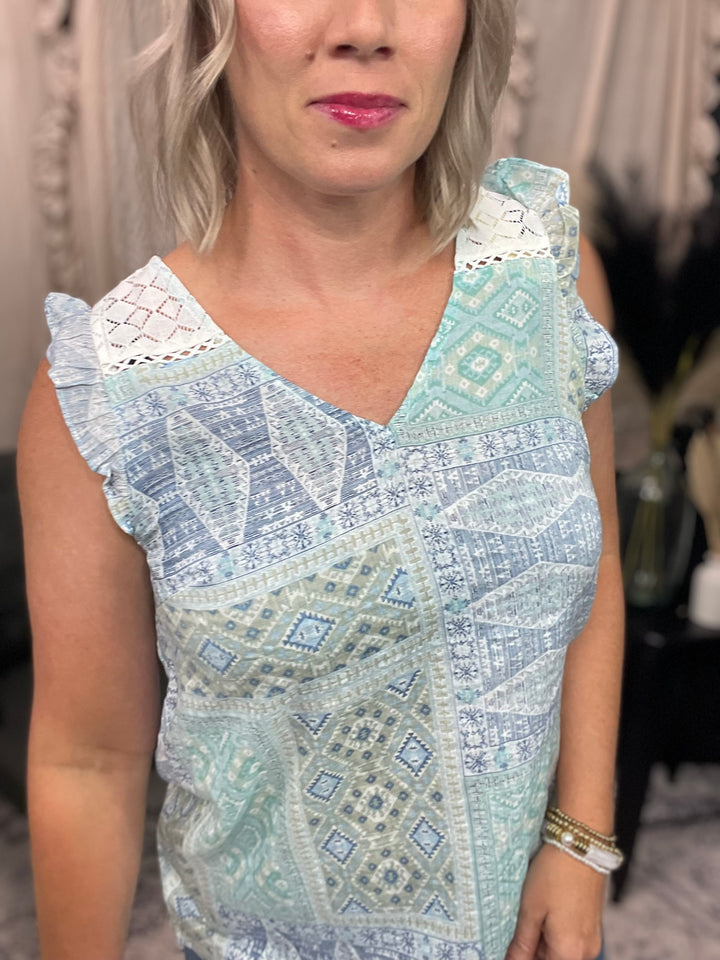 Lace V-neck Top With Back Button Detail