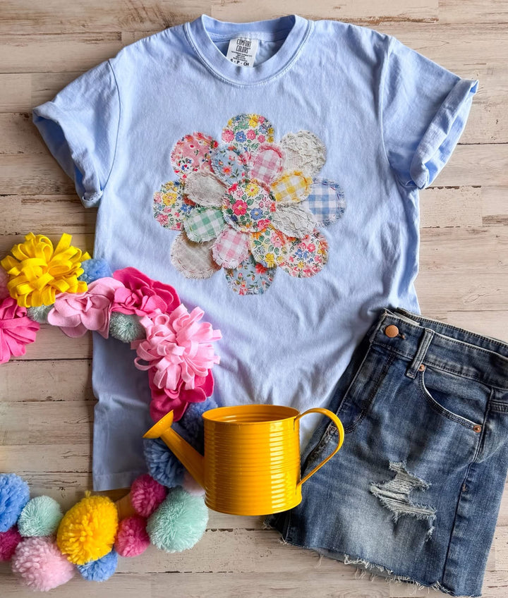 Faux Patchwork Floral Daisy Graphic Tee