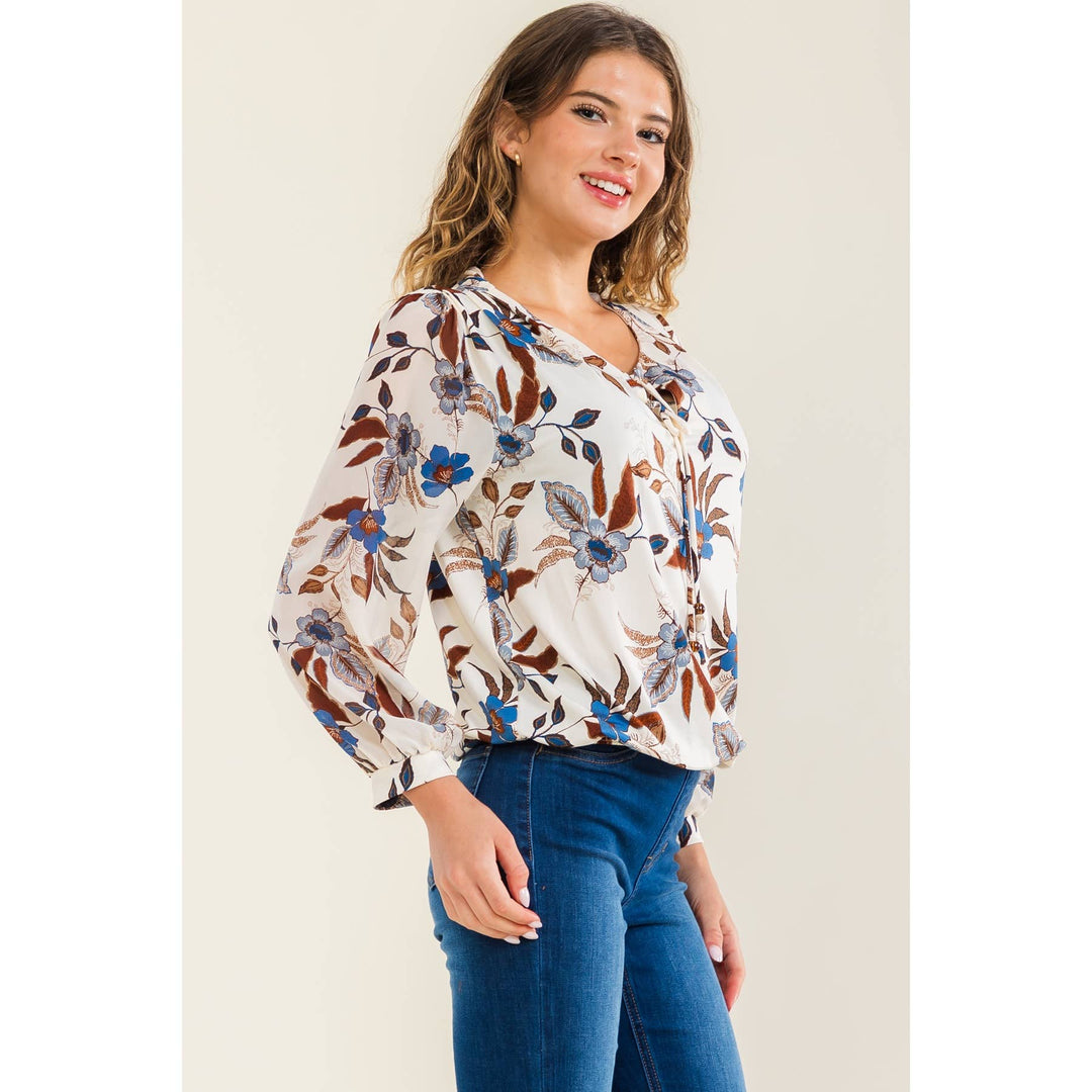 FLORAL BOHO BUBBLE HEM PEASANT: CREAM/DENIM