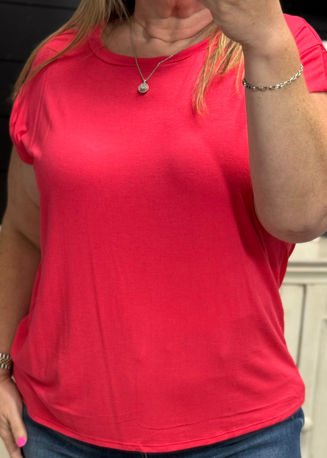 Red Short Sleeve Drop Shoulder Top