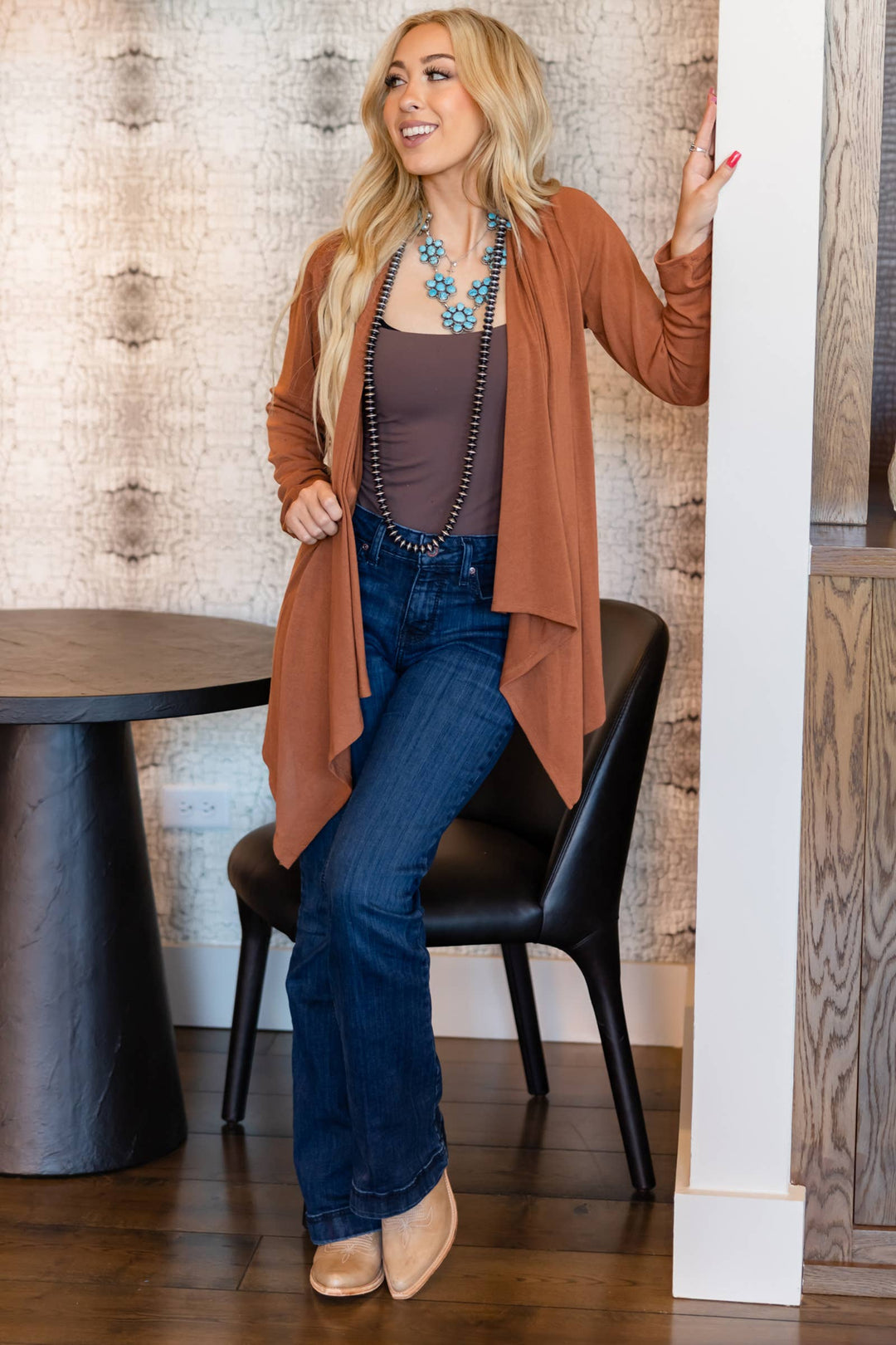 Rust - Soft Drape Open Front Cardigan