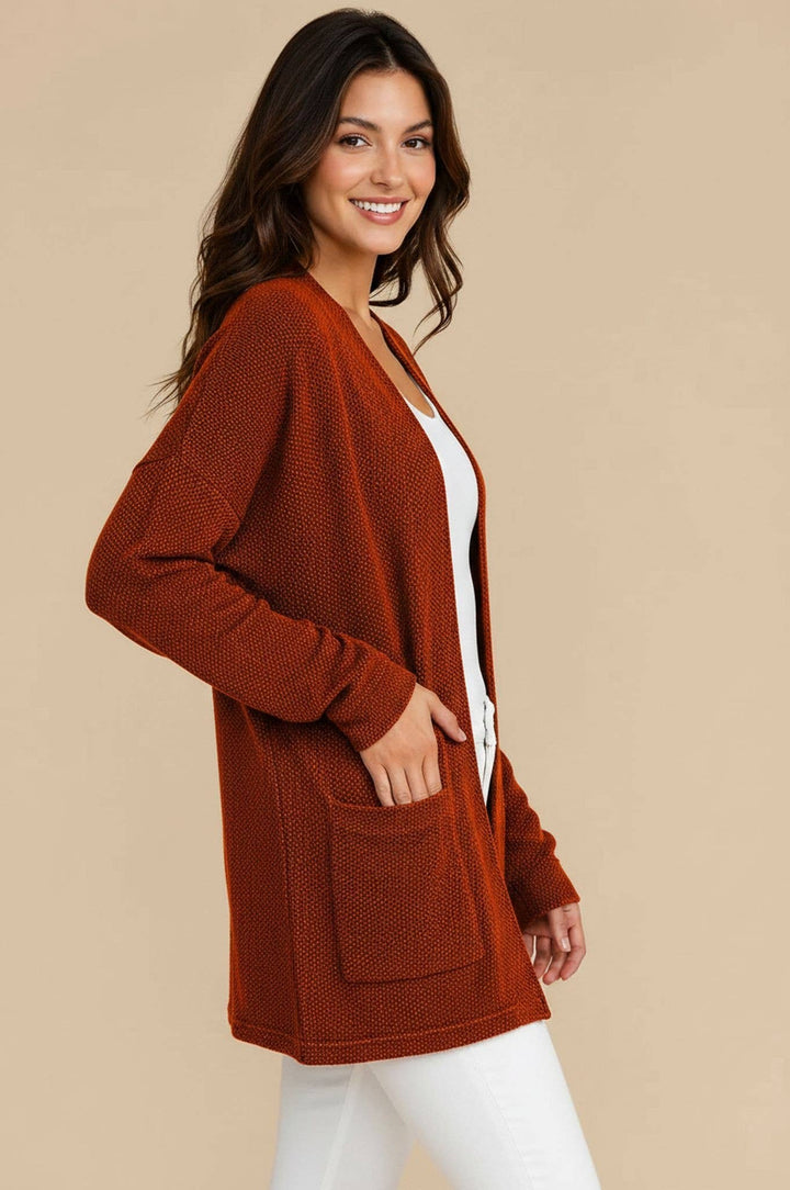 RUST JACQUARD KNIT OPEN CARDIGAN WITH POCKETS