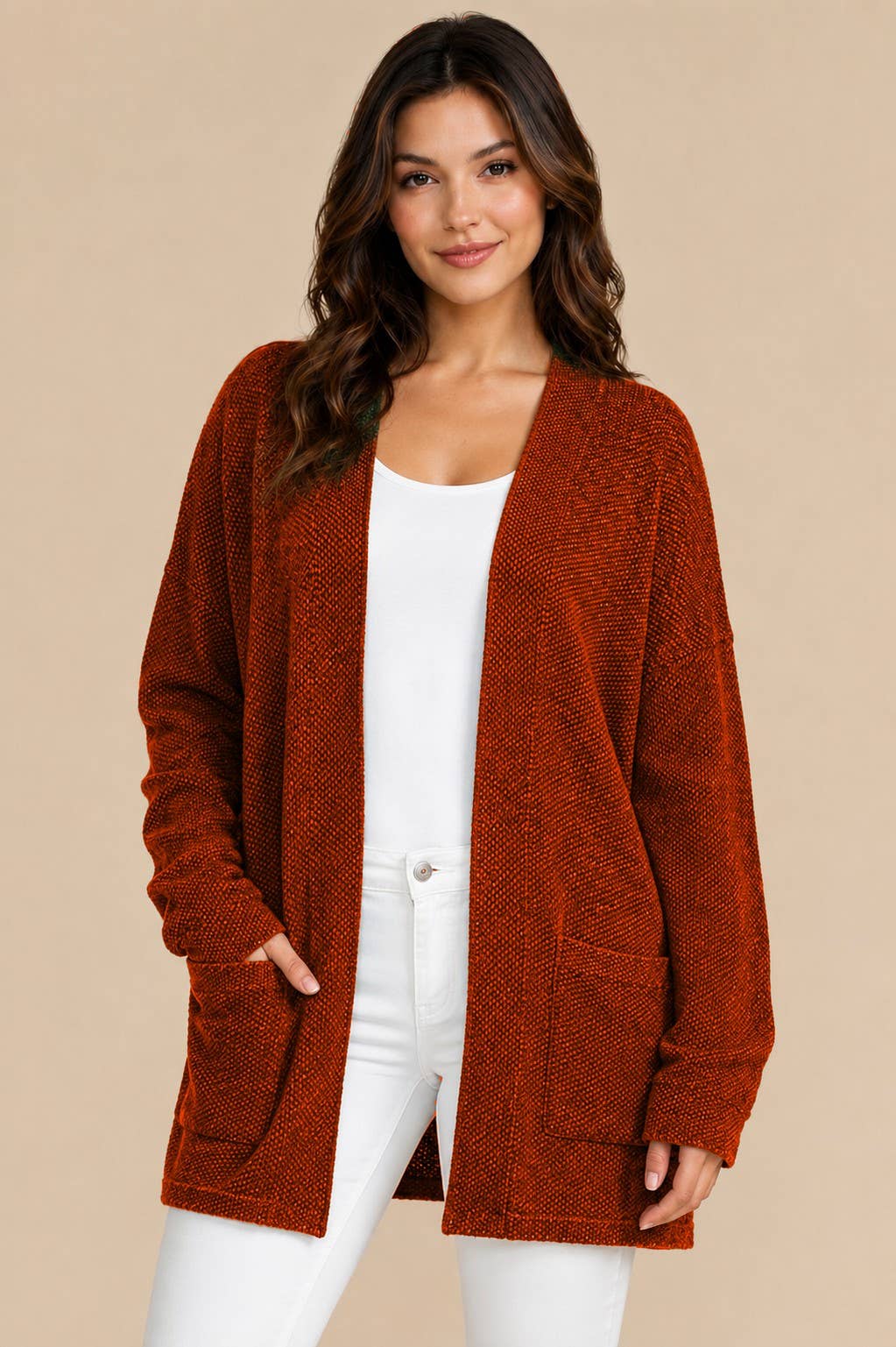 RUST JACQUARD KNIT OPEN CARDIGAN WITH POCKETS