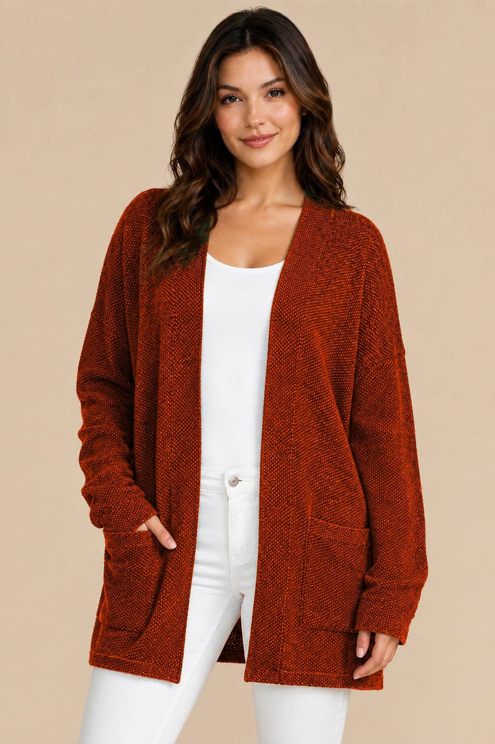RUST JACQUARD KNIT OPEN CARDIGAN WITH POCKETS