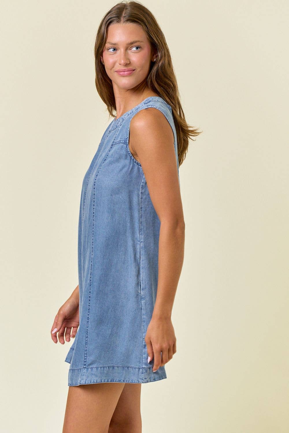 Chambray Round Neckline Sleeveless A-Line Mini Dress