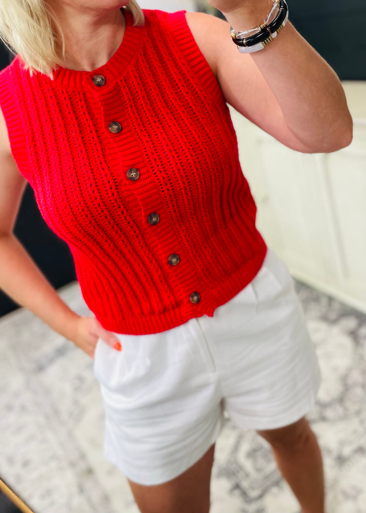 Red Sleeveless Button Down Cardigan