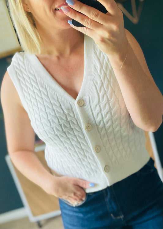 V NECK BUTTON DOWN CABLE KNIT SWEATER VEST